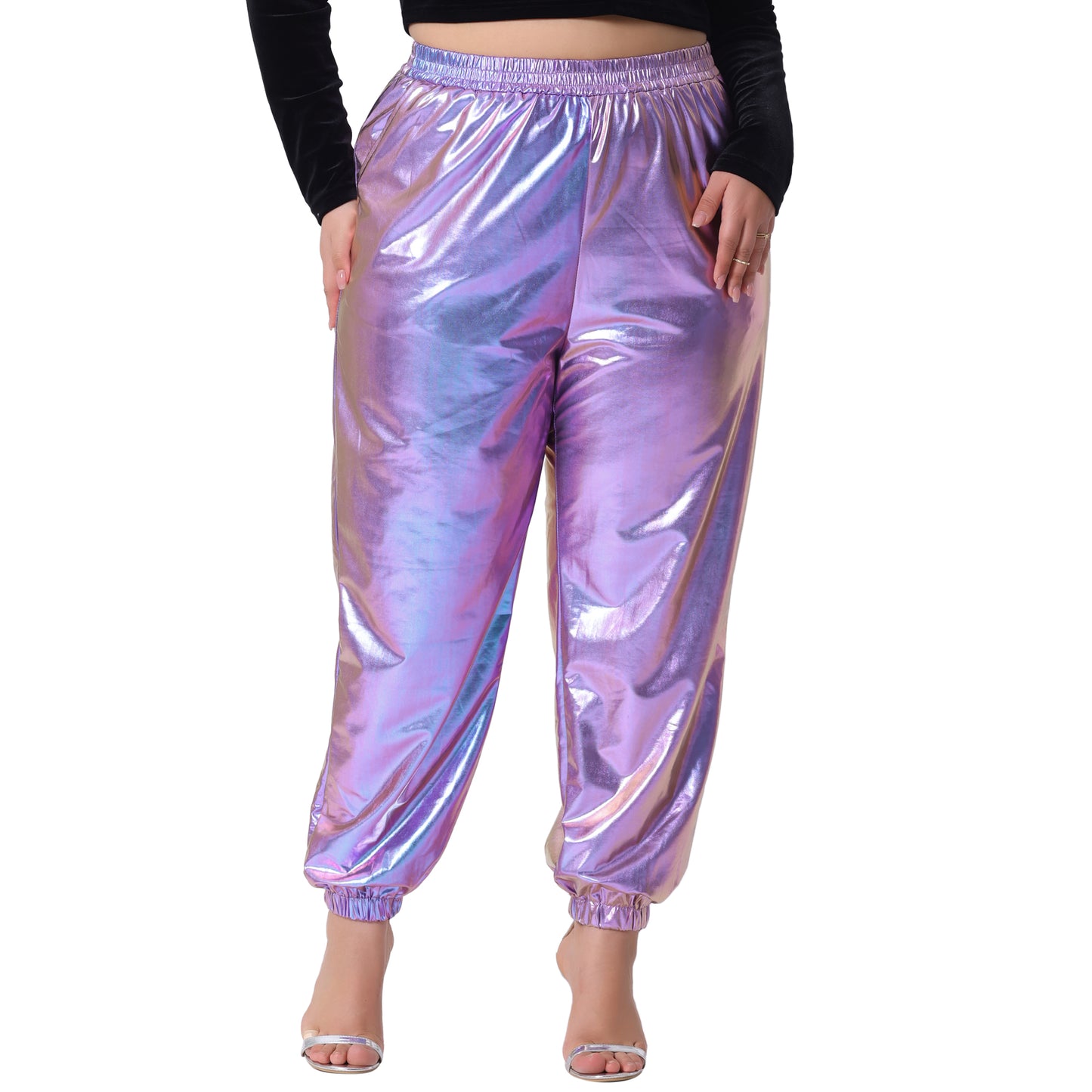 Women Plus Size Jogger Pants Metallic Shiny High Waist Stretchy Wear Holographic Trousers Sweatpant