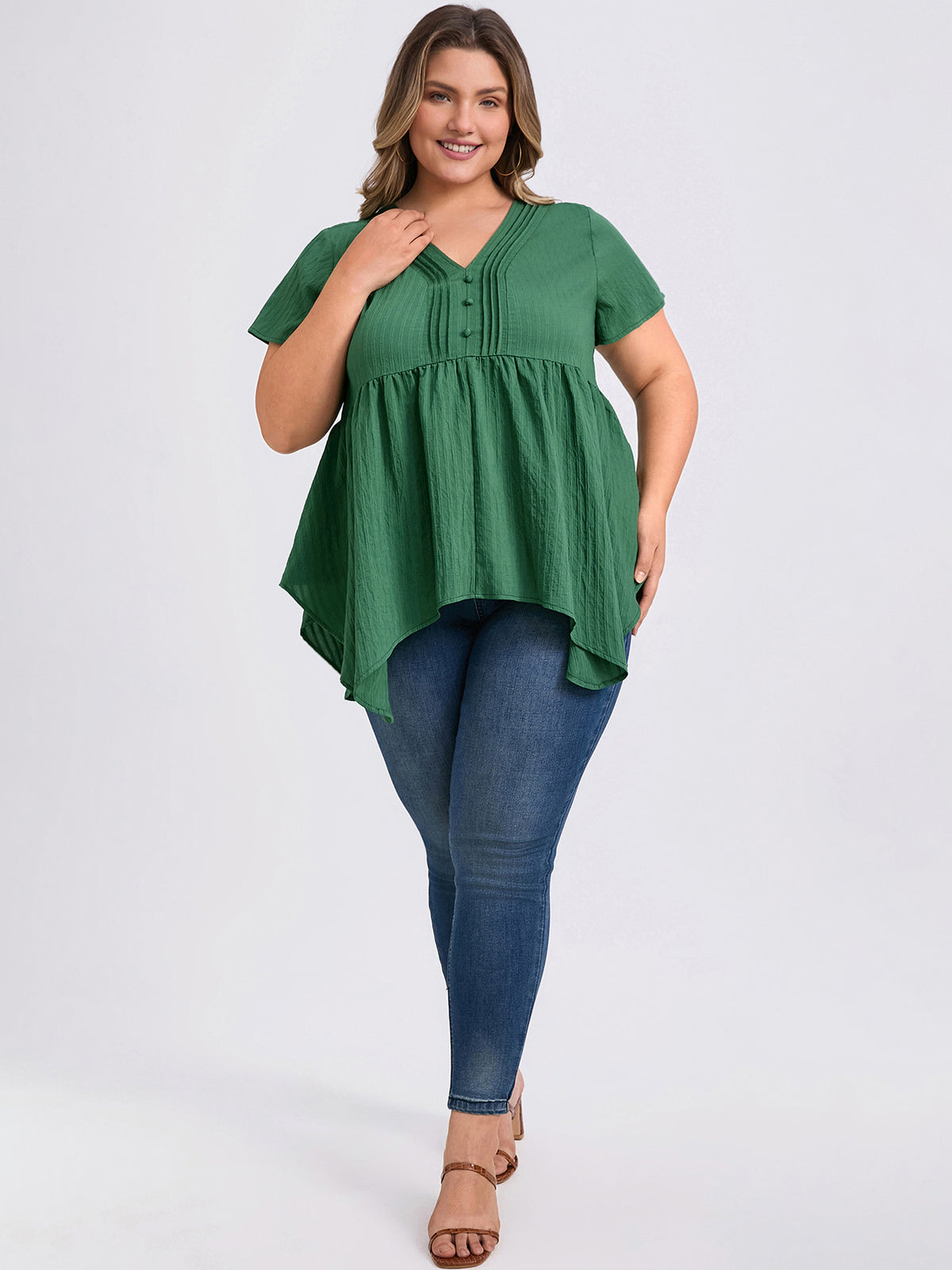 Women Plus Size Tunic Texture V Neck Short Sleeve Pintuck Blouse Button Decor Hanky Asymmetric Hem Babydoll Top