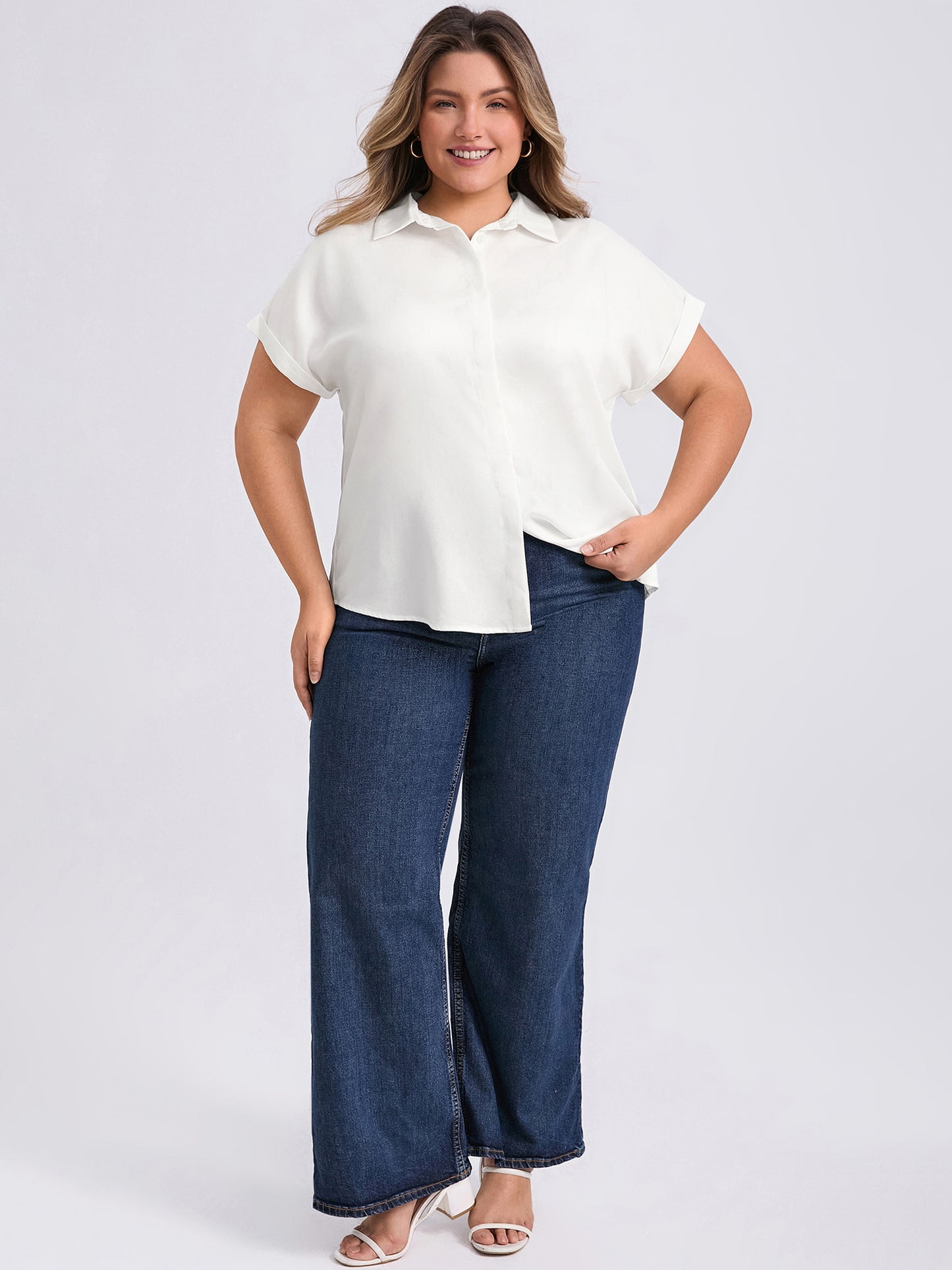 Women Plus Size Shirt Button Down Lapel Rolled Cuffed Short Sleeve Collared Casual Top