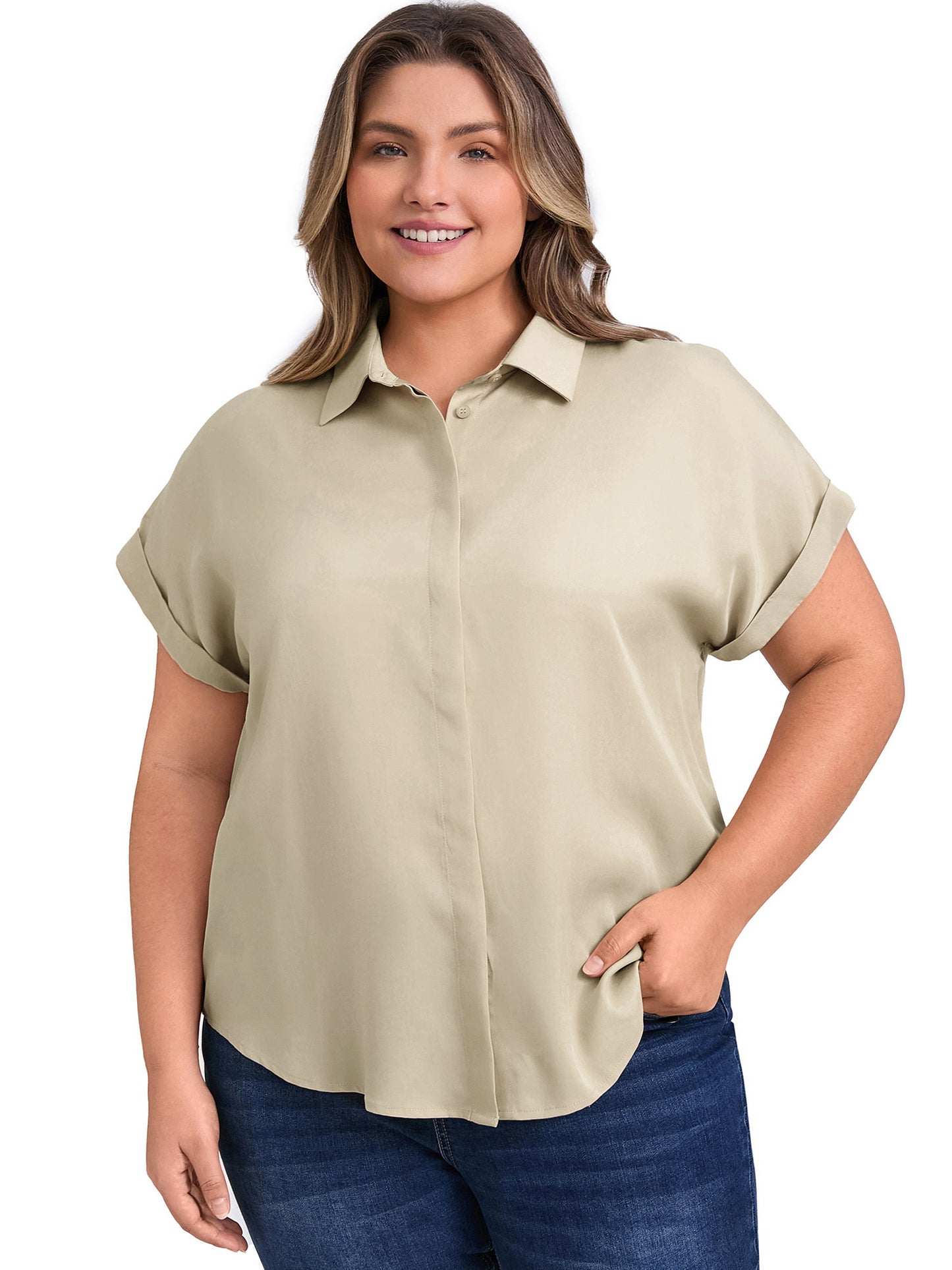 Women Plus Size Shirt Button Down Lapel Rolled Cuffed Short Sleeve Collared Casual Top