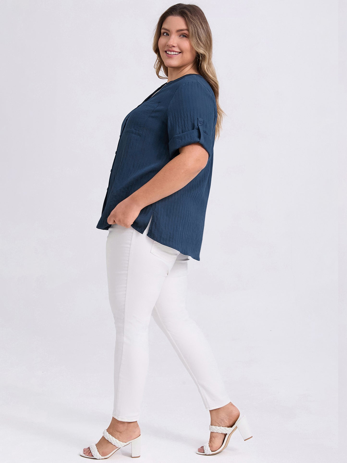 Women Plus Size Shirt Textual Mandarin Collar V Neck 3/4 Sleeve Button Down Casual Tops with Pocket