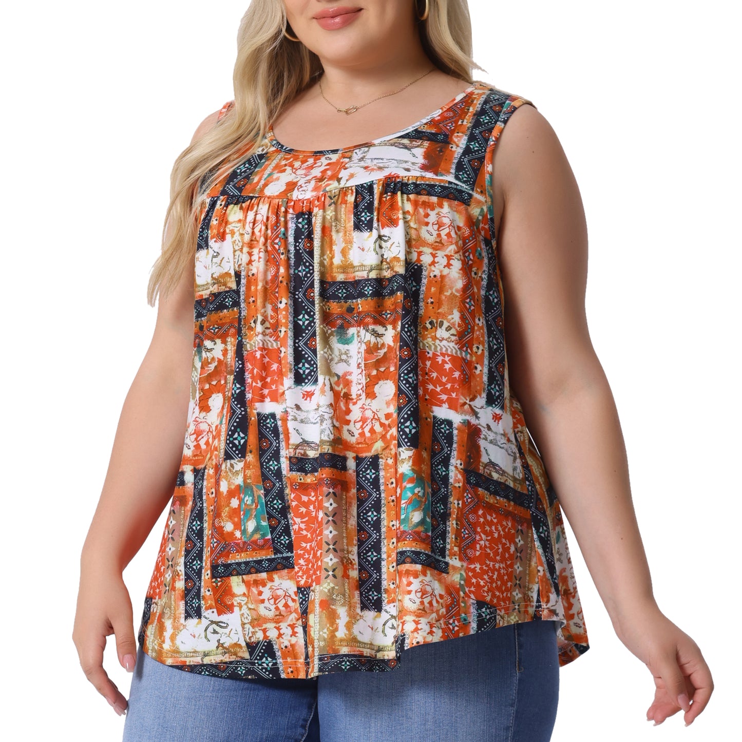 Women Plus Size Boho Round Neck Pleated Sleeveless Curved Hem Flowy Tank Top