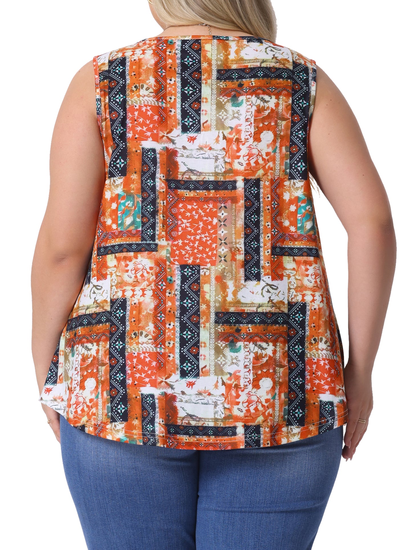 Women Plus Size Boho Round Neck Pleated Sleeveless Curved Hem Flowy Tank Top