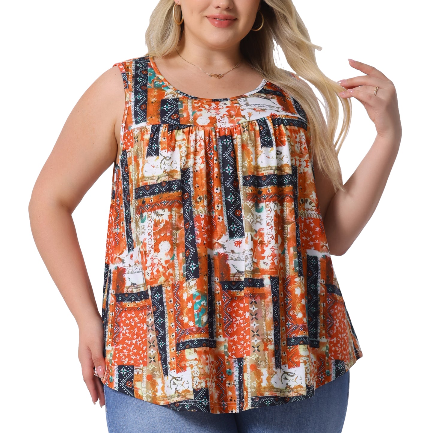 Women Plus Size Boho Round Neck Pleated Sleeveless Curved Hem Flowy Tank Top