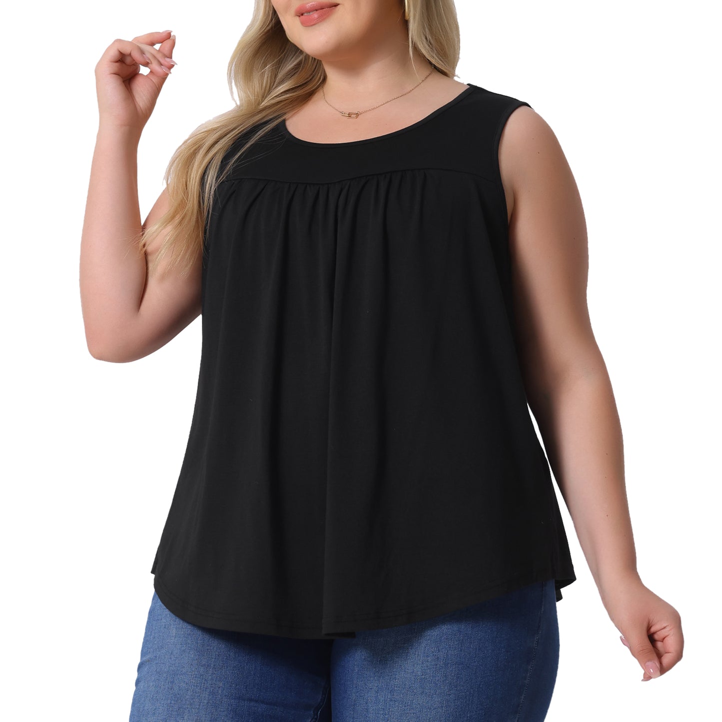 Women Plus Size Boho Round Neck Pleated Sleeveless Curved Hem Flowy Tank Top