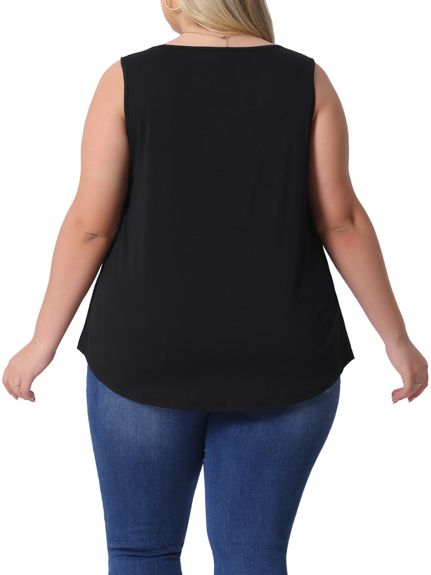 Women Plus Size Boho Round Neck Pleated Sleeveless Curved Hem Flowy Tank Top