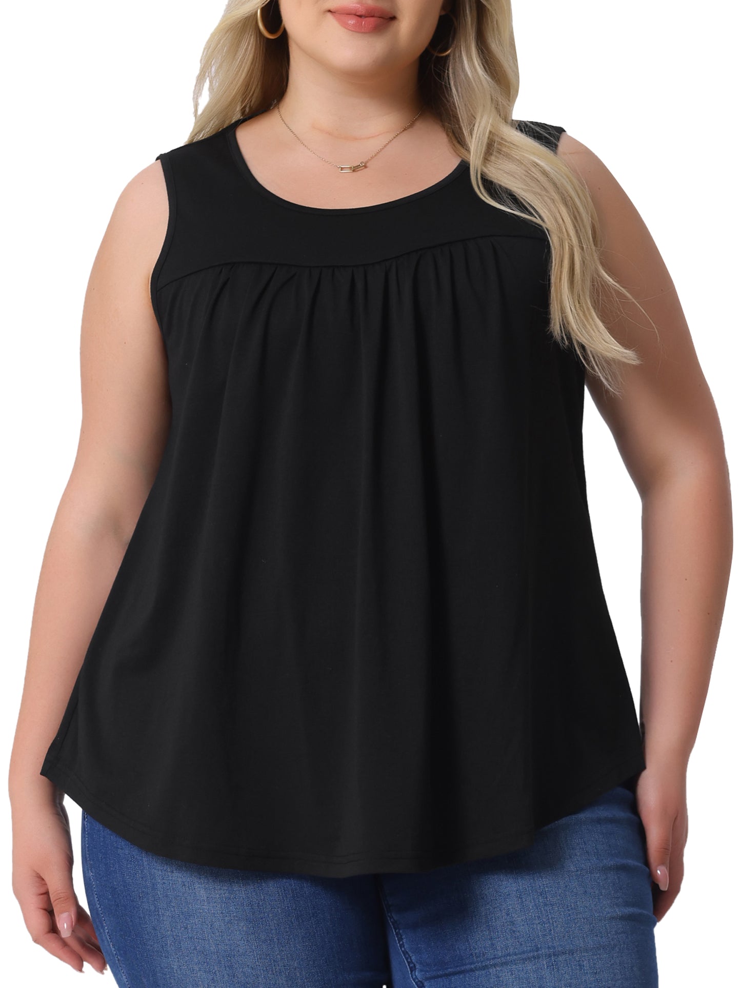 Women Plus Size Boho Round Neck Pleated Sleeveless Curved Hem Flowy Tank Top
