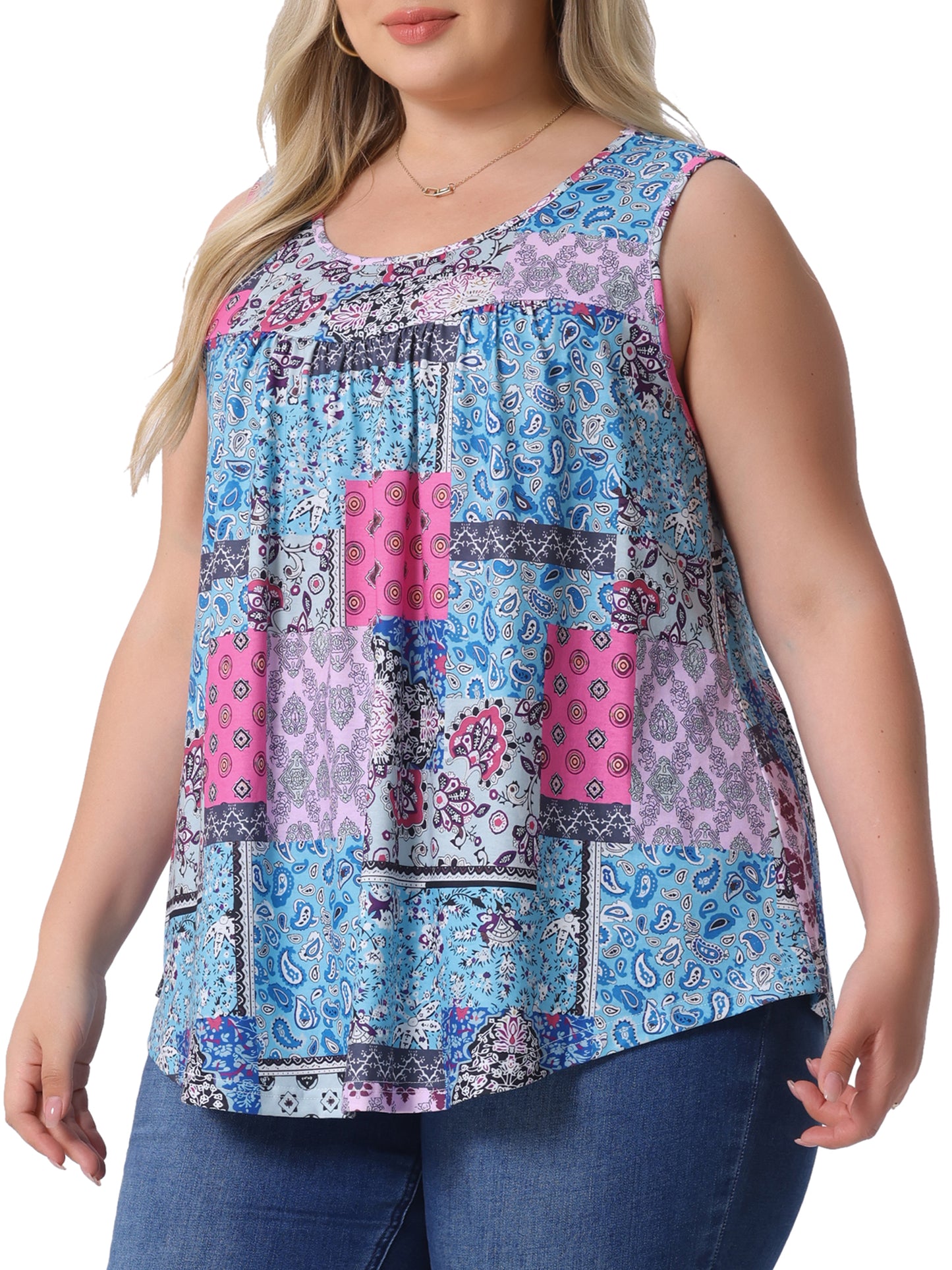 Women Plus Size Boho Round Neck Pleated Sleeveless Curved Hem Flowy Tank Top