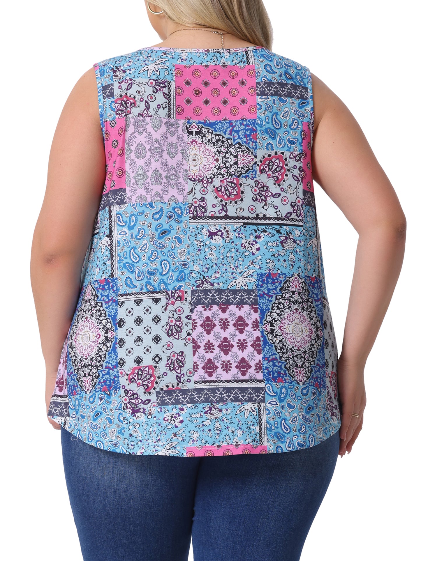 Women Plus Size Boho Round Neck Pleated Sleeveless Curved Hem Flowy Tank Top