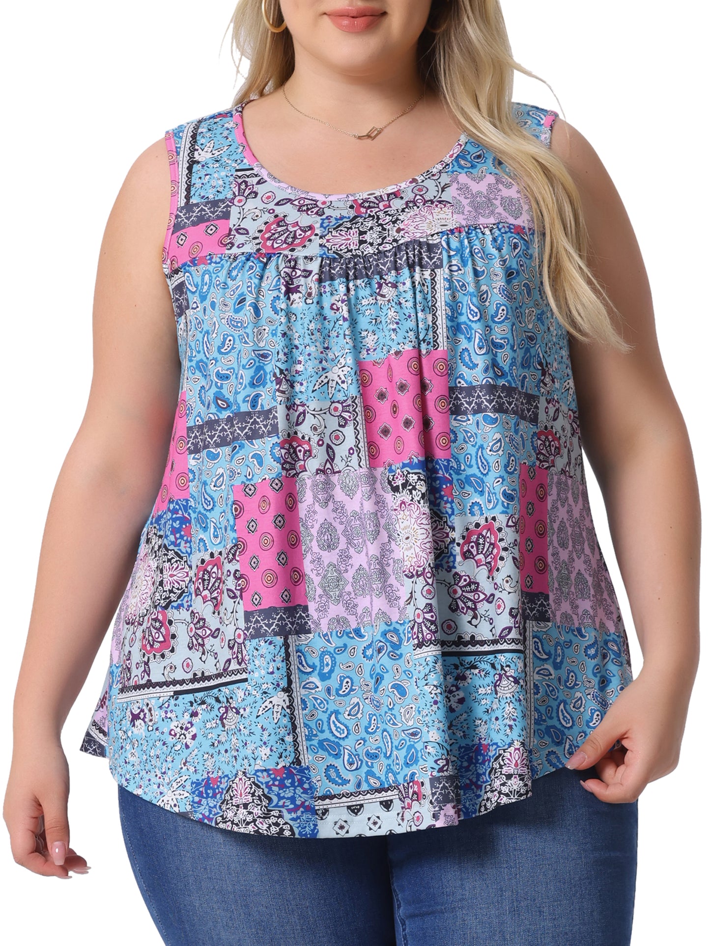 Women Plus Size Boho Round Neck Pleated Sleeveless Curved Hem Flowy Tank Top