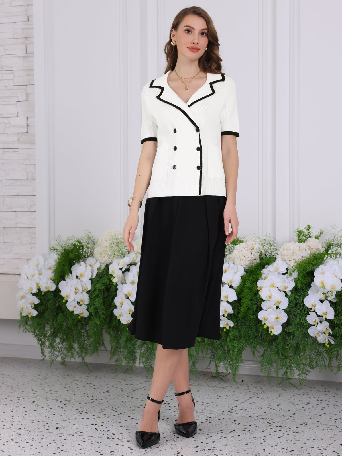 Women's Short Sleeve Summer Cardigan Double Breasted Contrast Color Knit Sweater Jacket Top