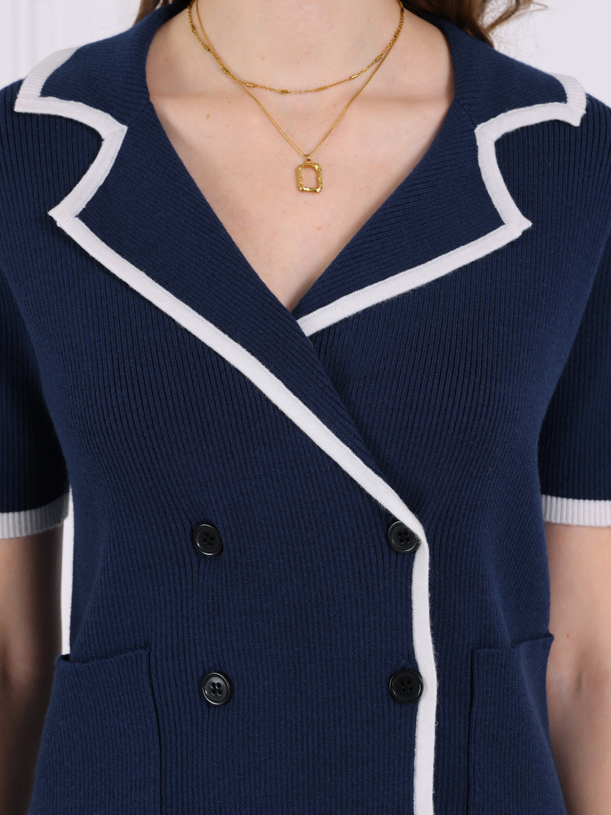 Women's Short Sleeve Summer Cardigan Double Breasted Contrast Color Knit Sweater Jacket Top