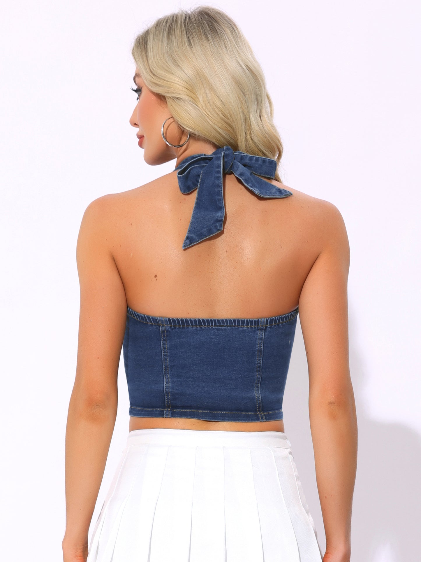 Women's Sexy Denim Corset Top Sleeveless Halter Neck Lace Up Jean Waistcoat