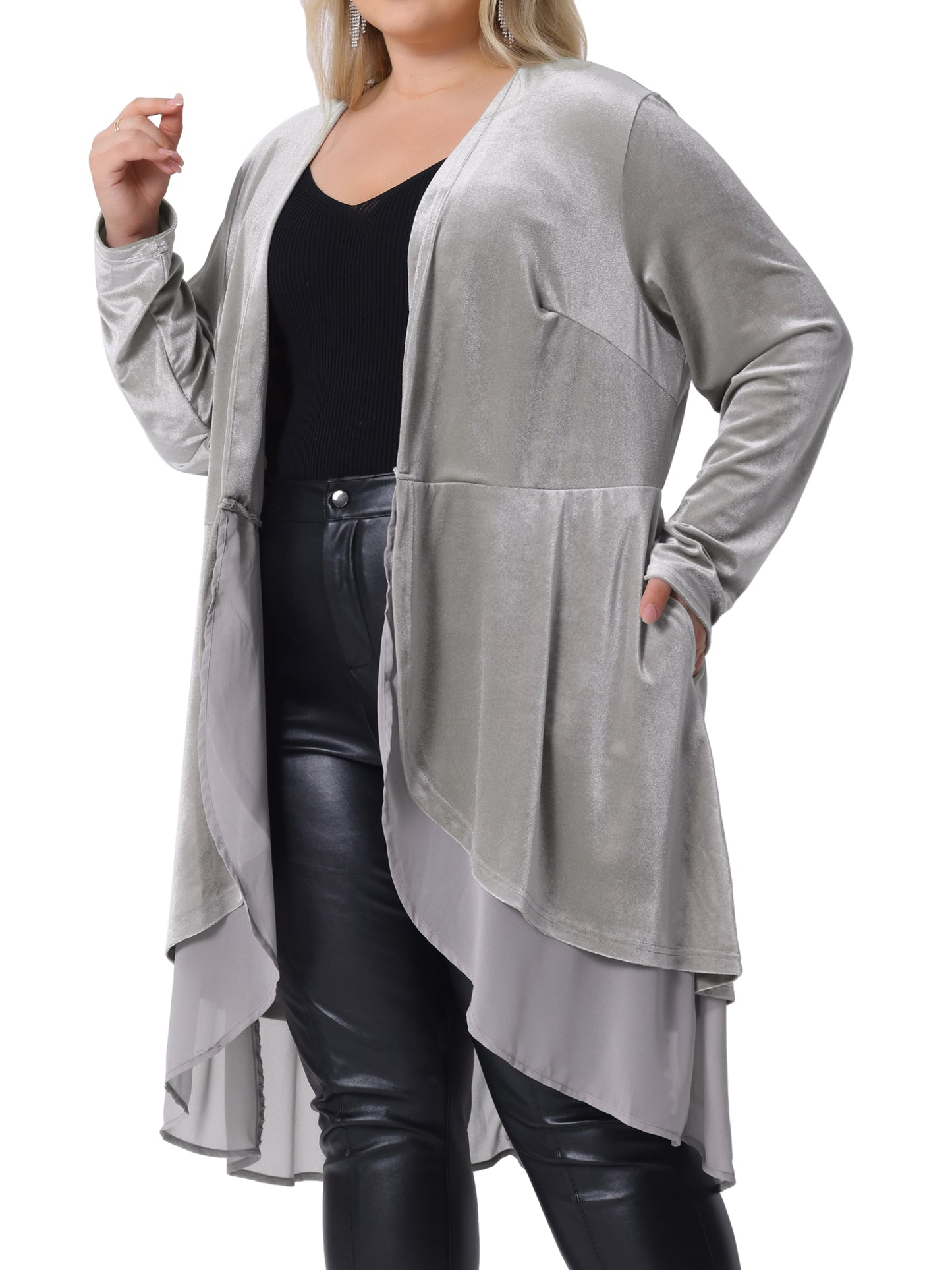 Women Plus Size Cardigan Ruffled Asymmetric Open Front Long Velvet Jacket