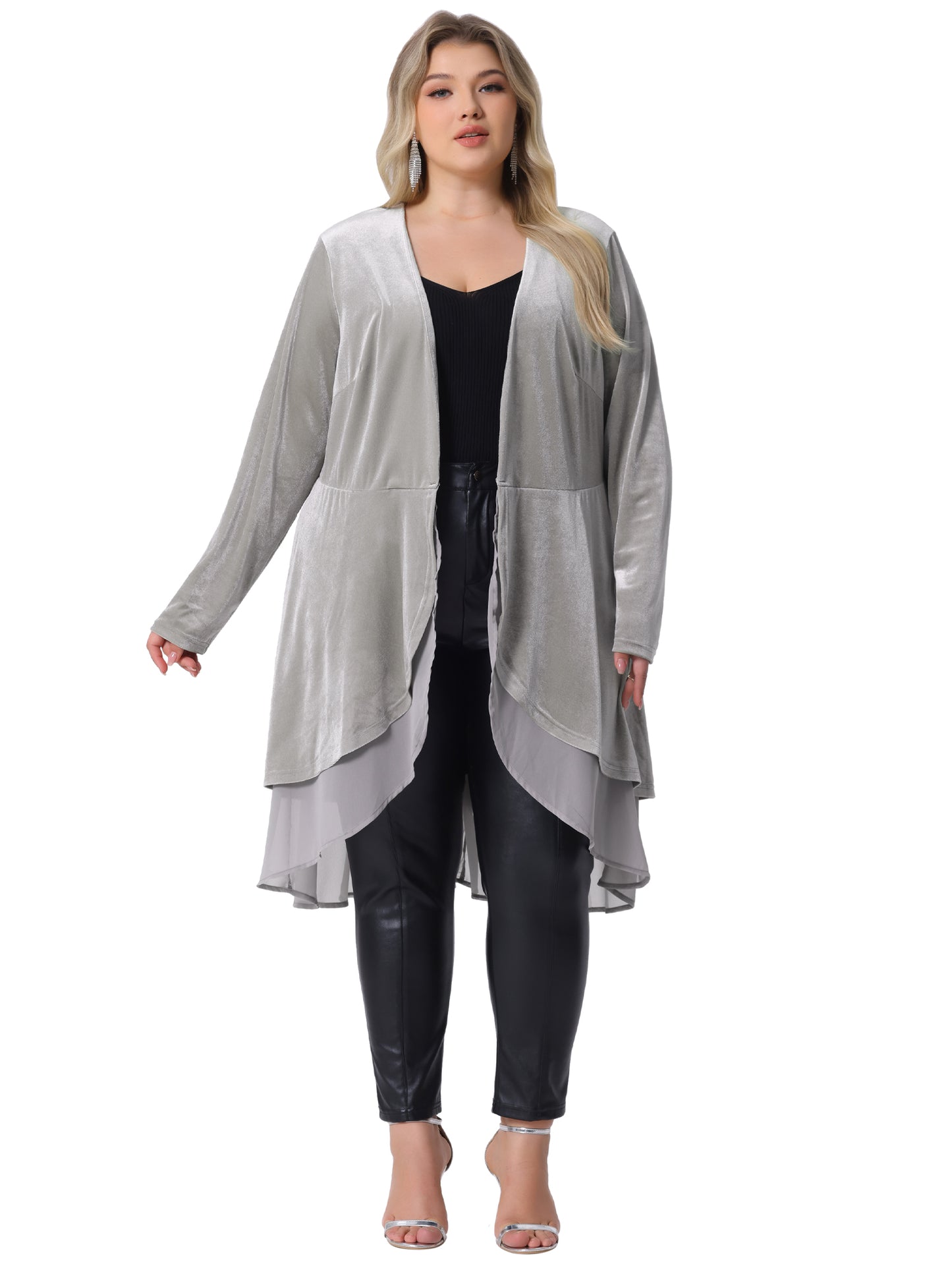 Women Plus Size Cardigan Ruffled Asymmetric Open Front Long Velvet Jacket