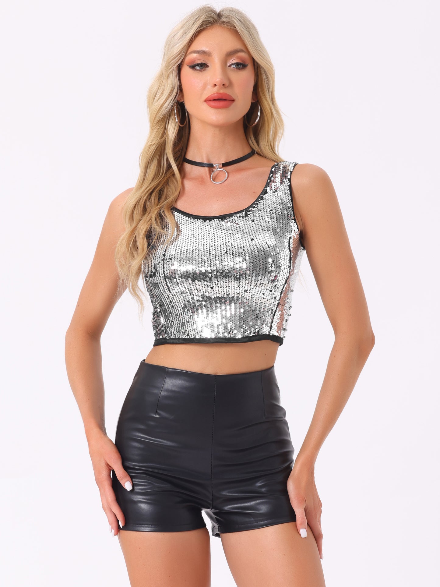 Women's Metallic Sequin Crop Top Sparkle Glitter Sleeveless Party Club Tank Top