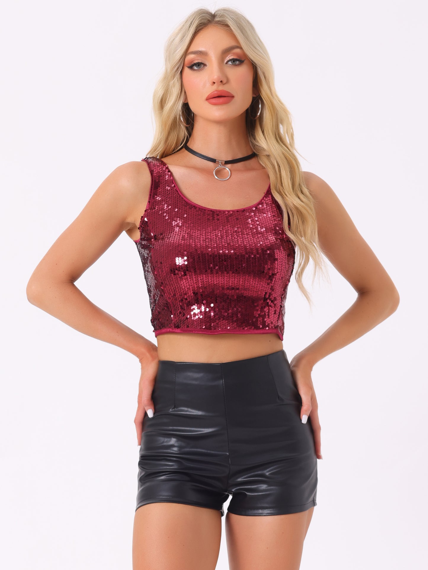 Women's Metallic Sequin Crop Top Sparkle Glitter Sleeveless Party Club Tank Top