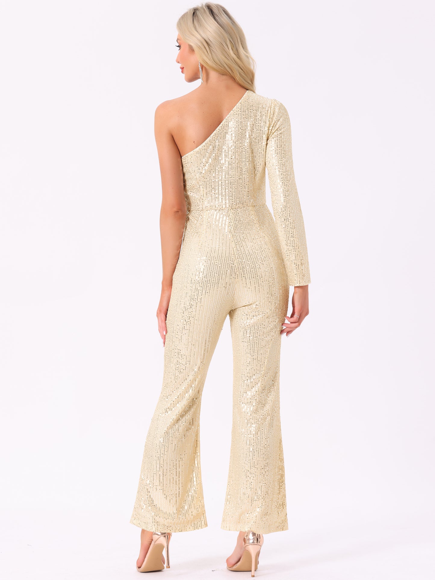 Women's Sequin Jumpsuit One Shoulder See Through Wide Legs Party Romper