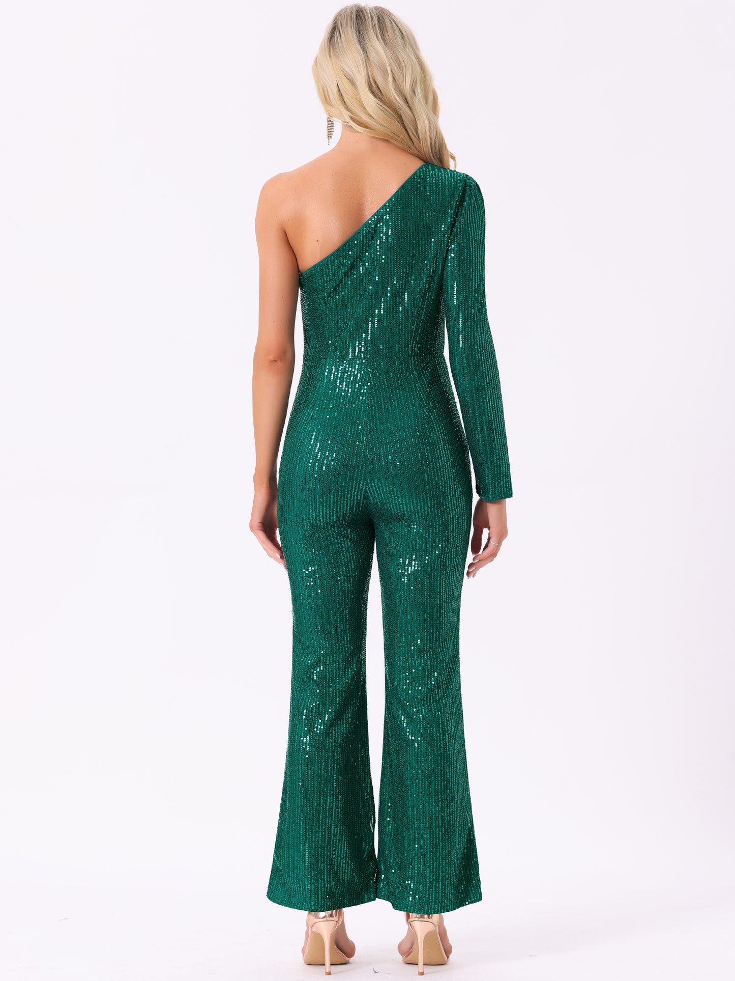 Women's Sequin Jumpsuit One Shoulder See Through Wide Legs Party Romper