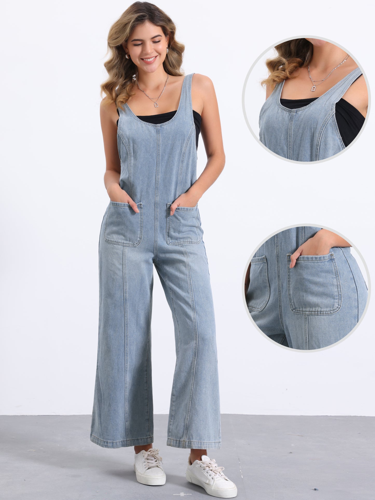 Women Casual Baggy Wide Leg Pants Jumpsuits with Pockets Denim Bib Overalls
