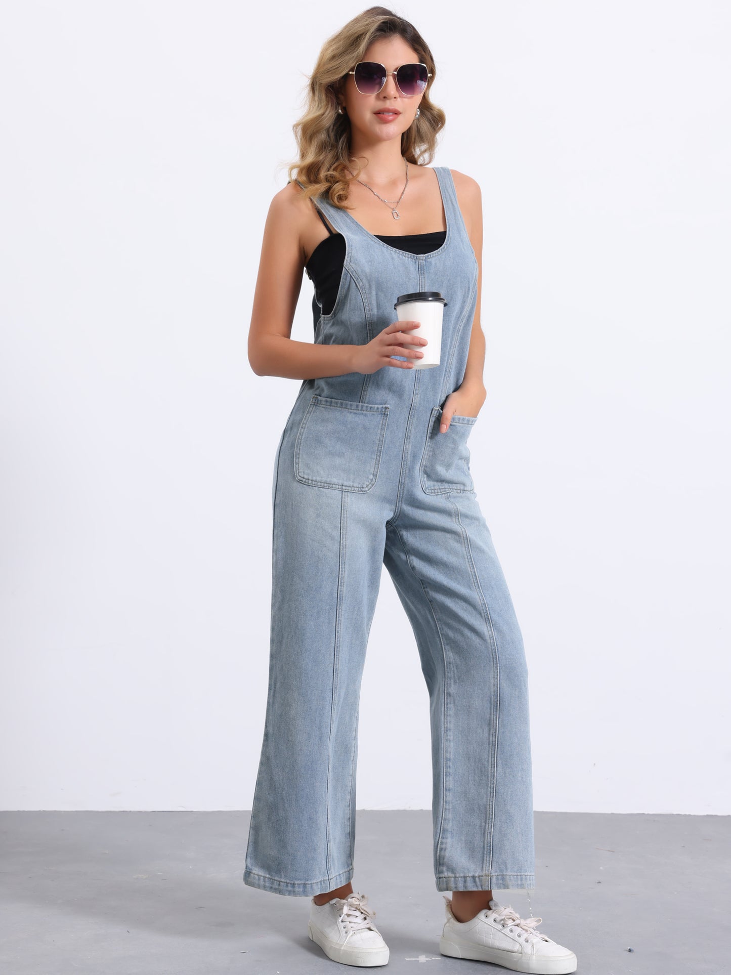 Women Casual Baggy Wide Leg Pants Jumpsuits with Pockets Denim Bib Overalls