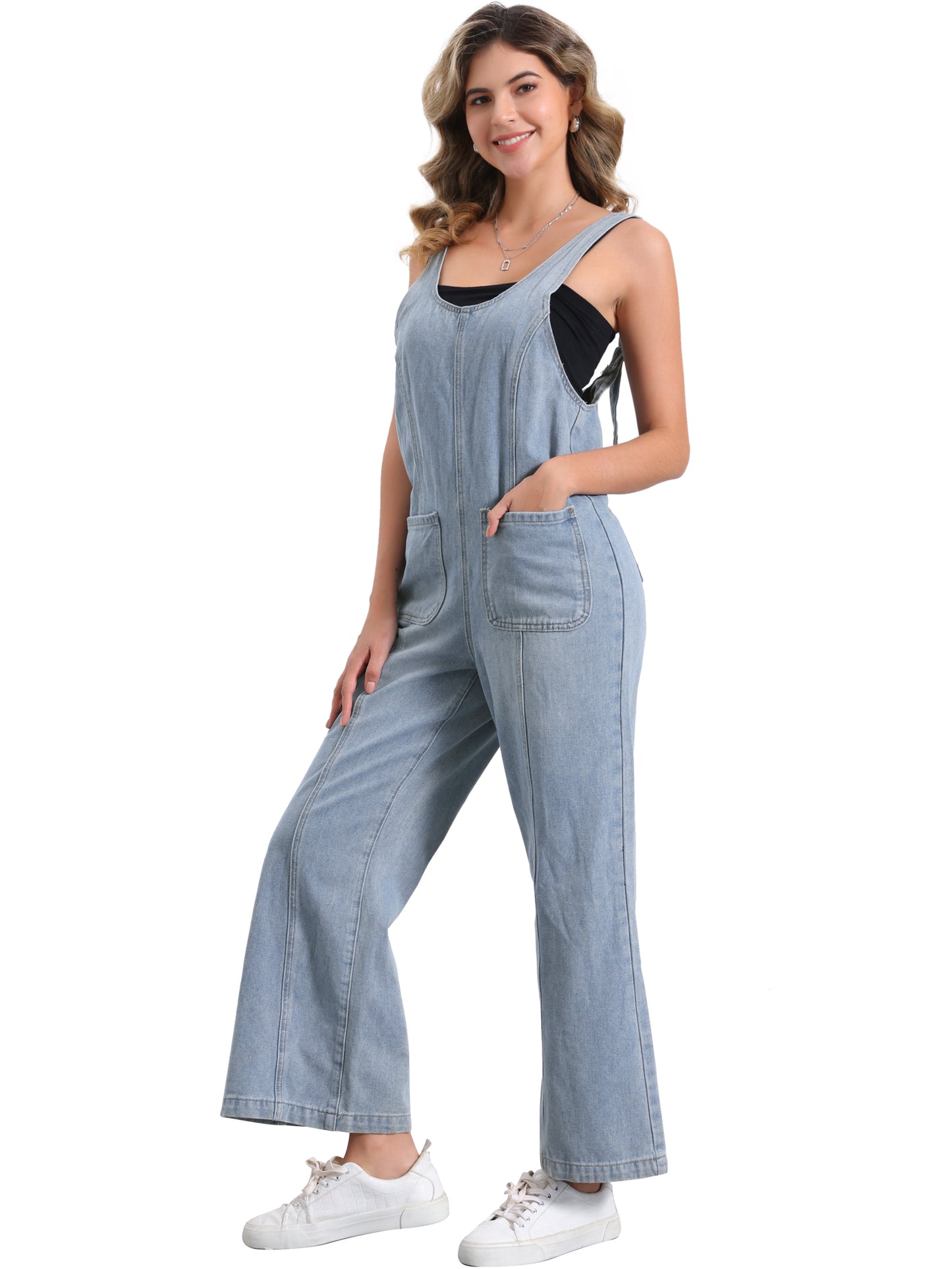 Women Casual Baggy Wide Leg Pants Jumpsuits with Pockets Denim Bib Overalls