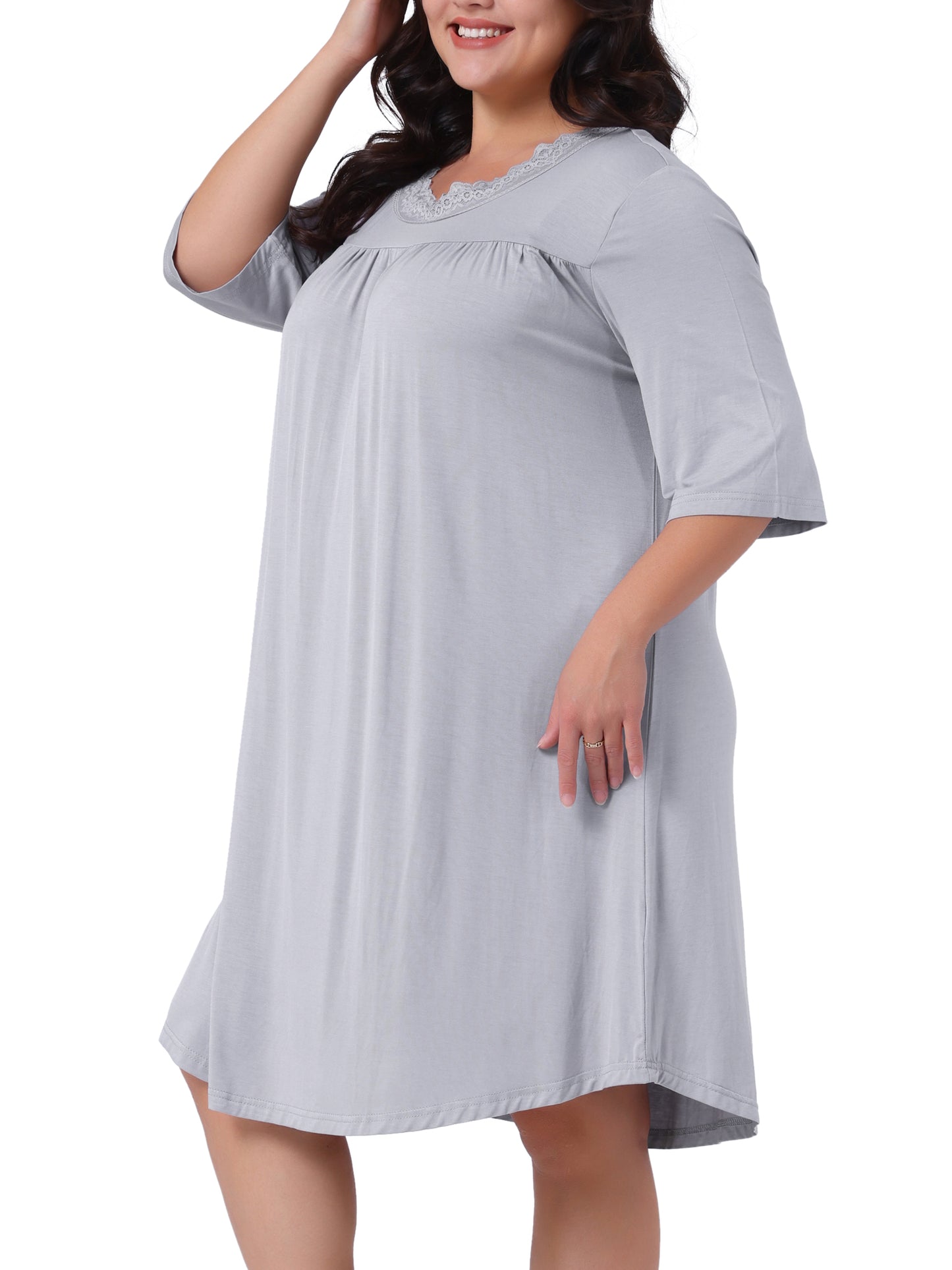 Women's Plus Size Nightgown 3/4 Sleeve Sleepwear Lace Sleep Gowns Pleated V Neck Loungewear
