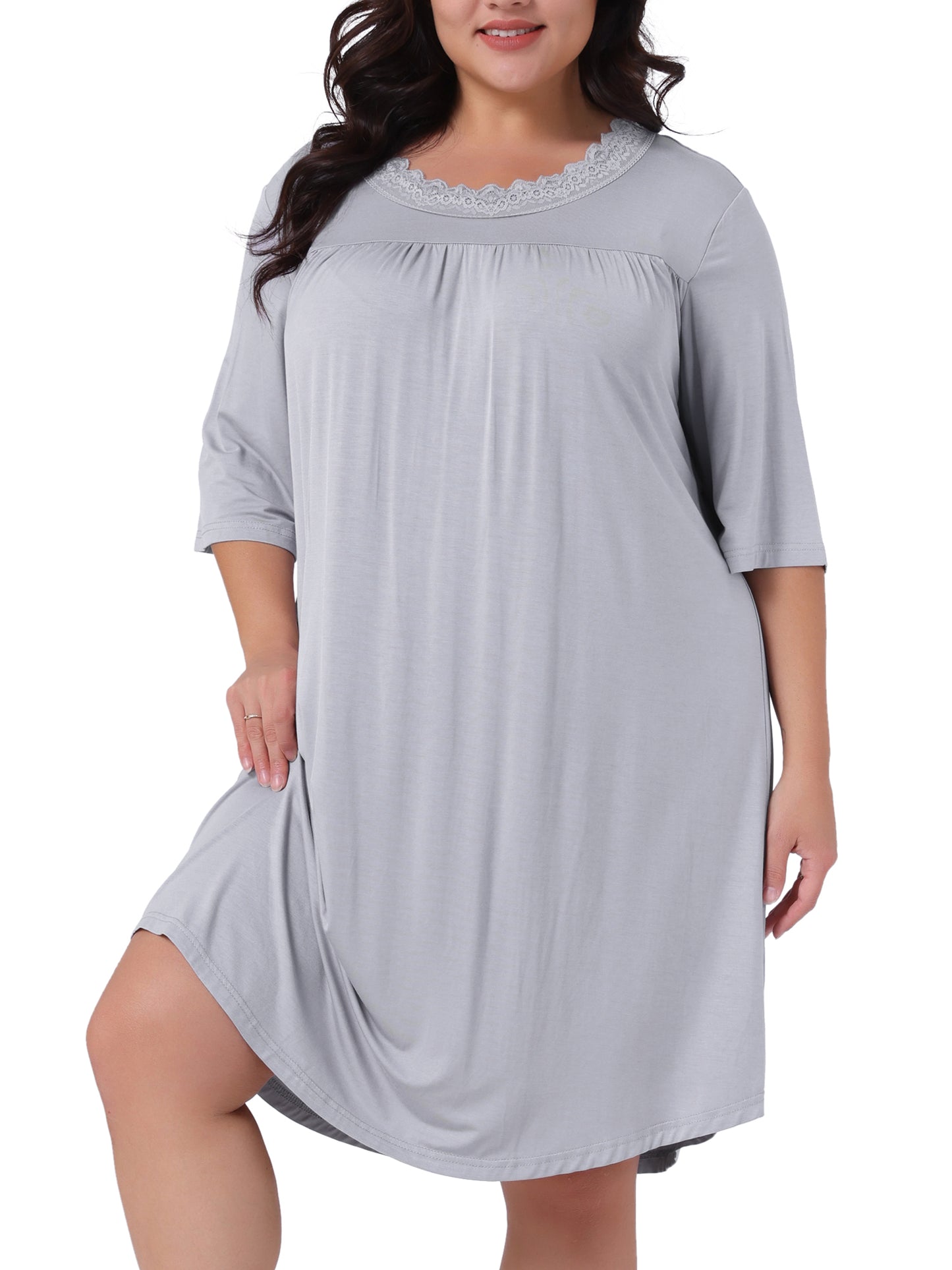 Women's Plus Size Nightgown 3/4 Sleeve Sleepwear Lace Sleep Gowns Pleated V Neck Loungewear