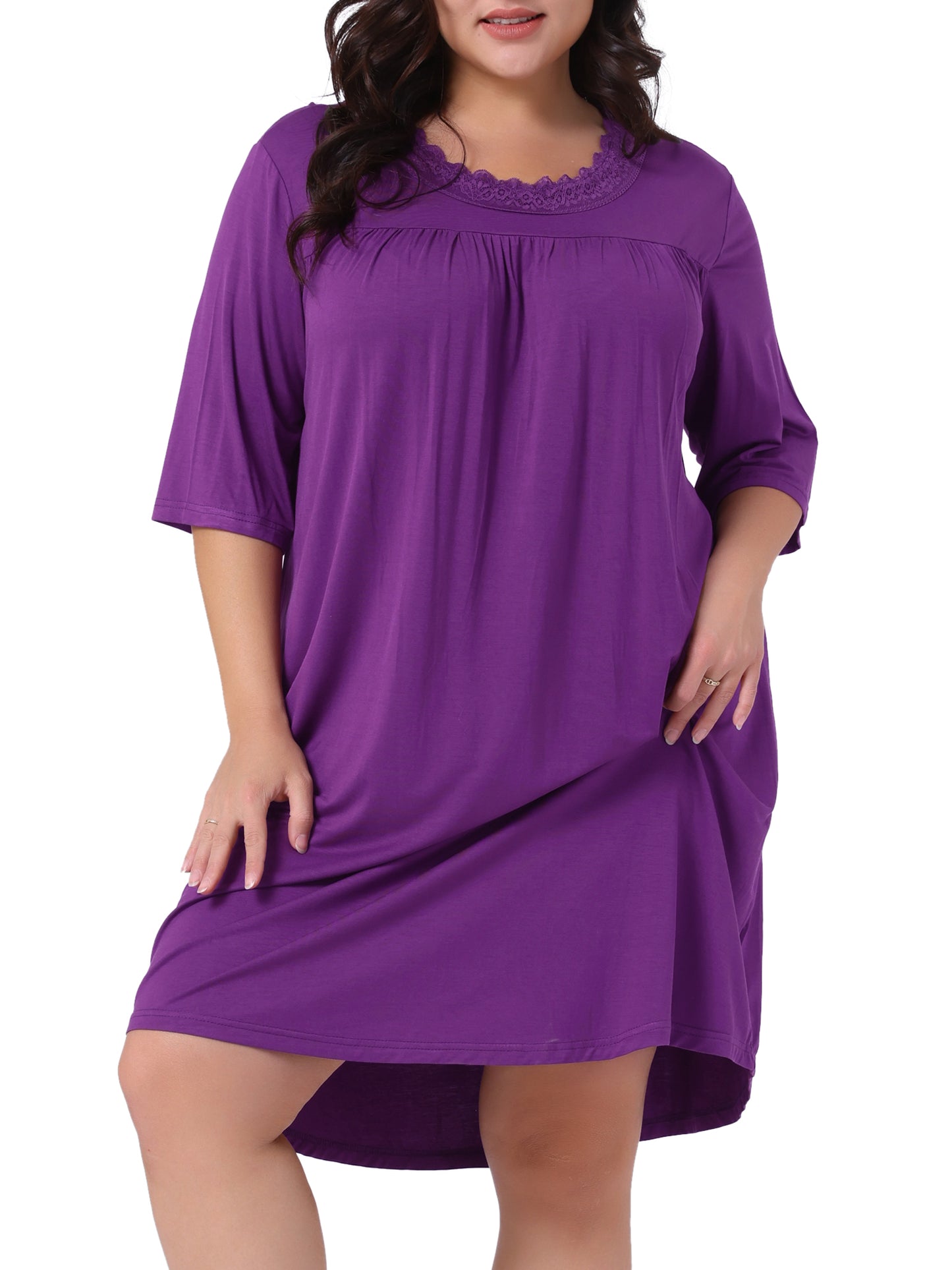 Women's Plus Size Nightgown 3/4 Sleeve Sleepwear Lace Sleep Gowns Pleated V Neck Loungewear