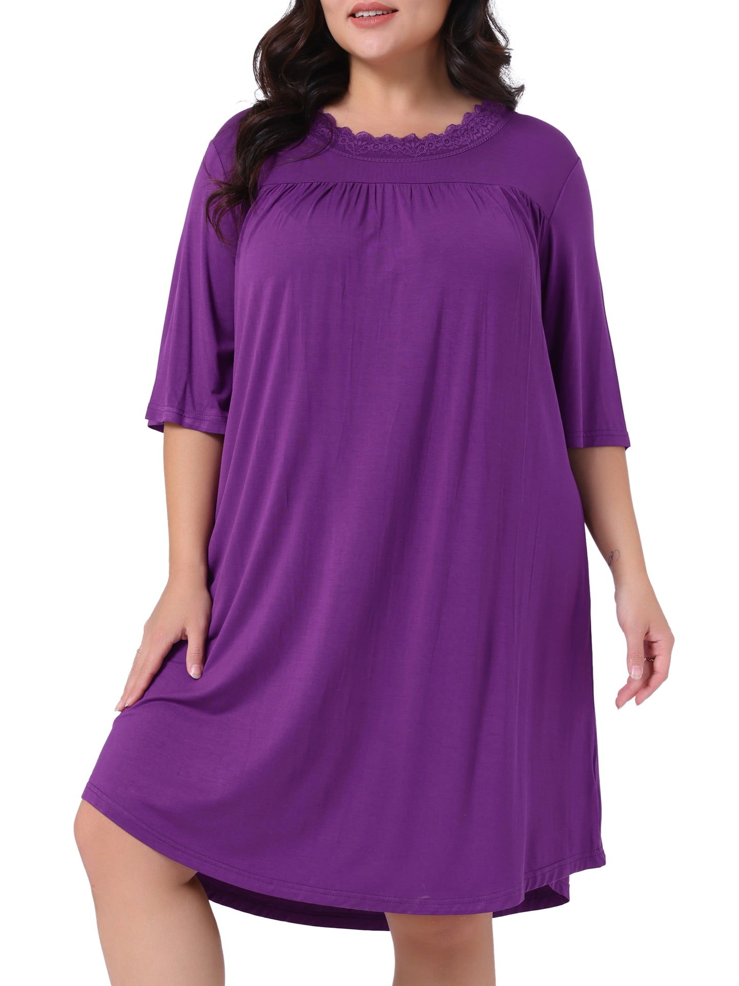 Women's Plus Size Nightgown 3/4 Sleeve Sleepwear Lace Sleep Gowns Pleated V Neck Loungewear