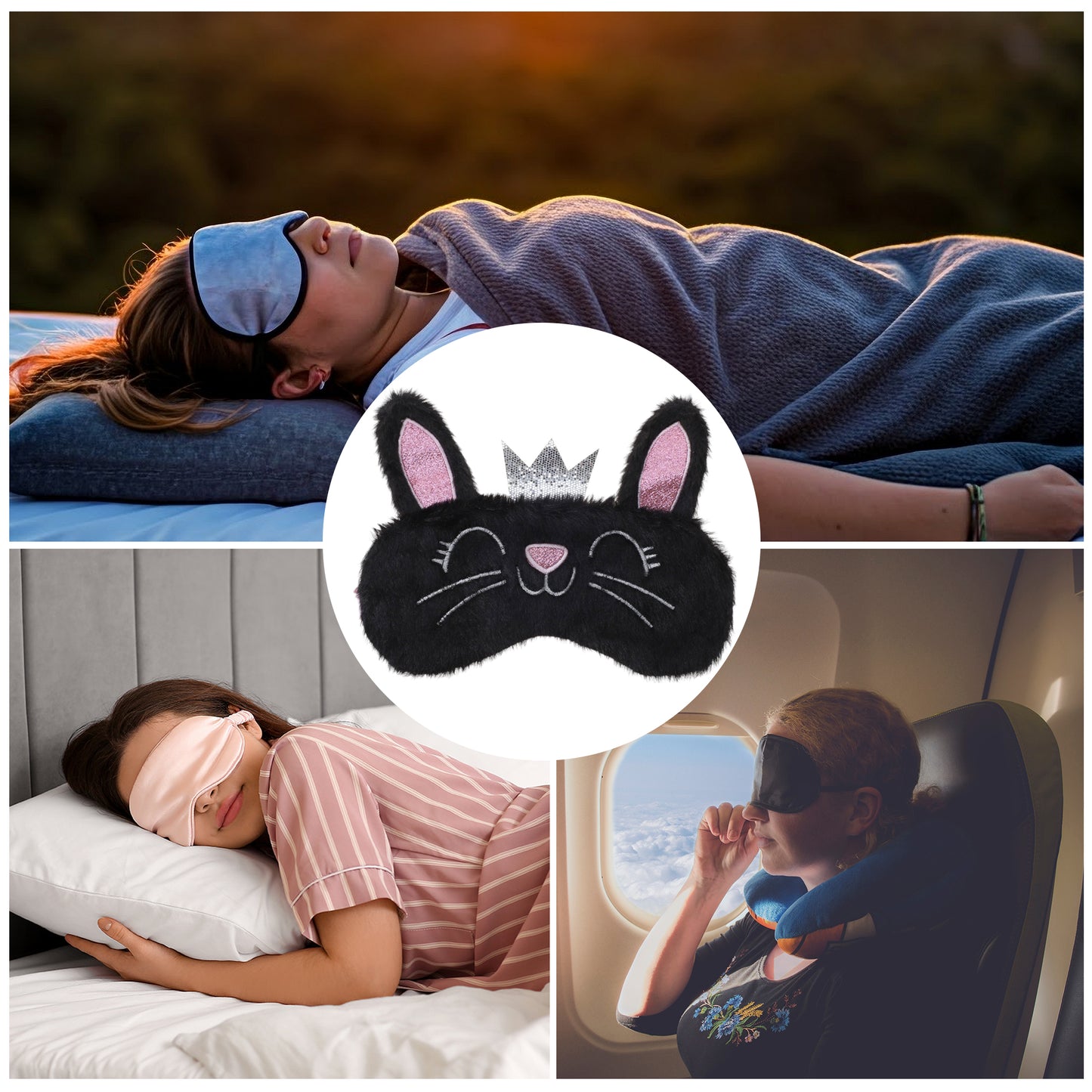 Fleece Long Ear Cats Cute Eye Mask for Travel for Office Black