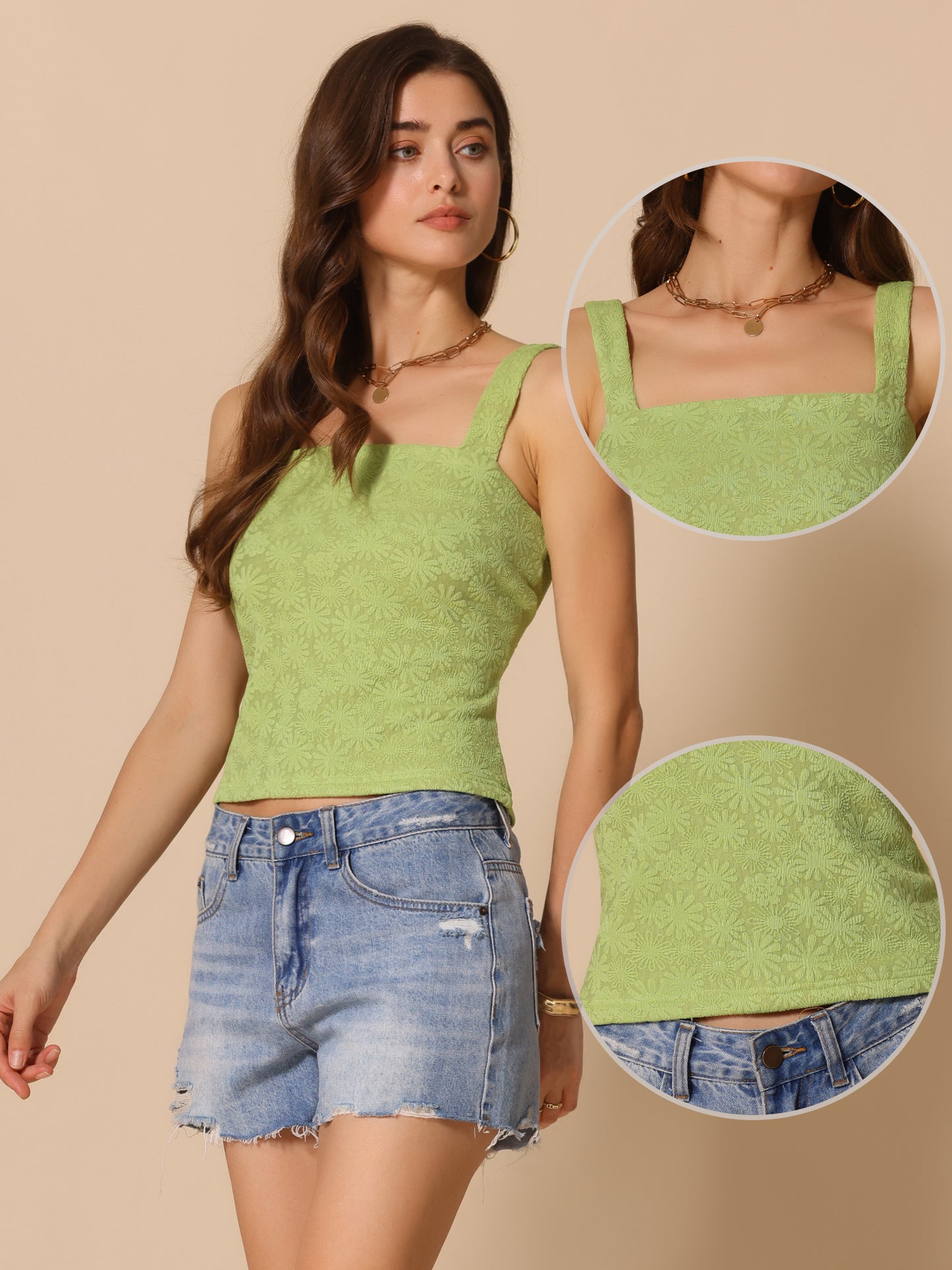 Women's Cropped Square Neck Wide Strap Flower Printed Sleeveless Top Cami Vest Tank Top