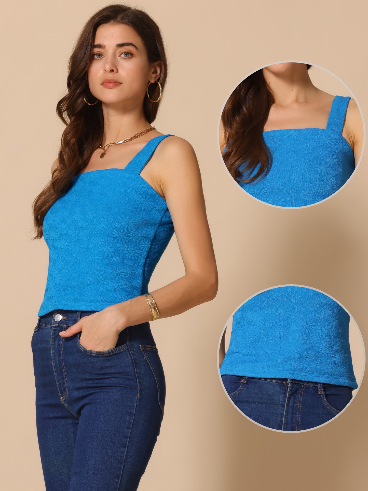 Women's Cropped Square Neck Wide Strap Flower Printed Sleeveless Top Cami Vest Tank Top