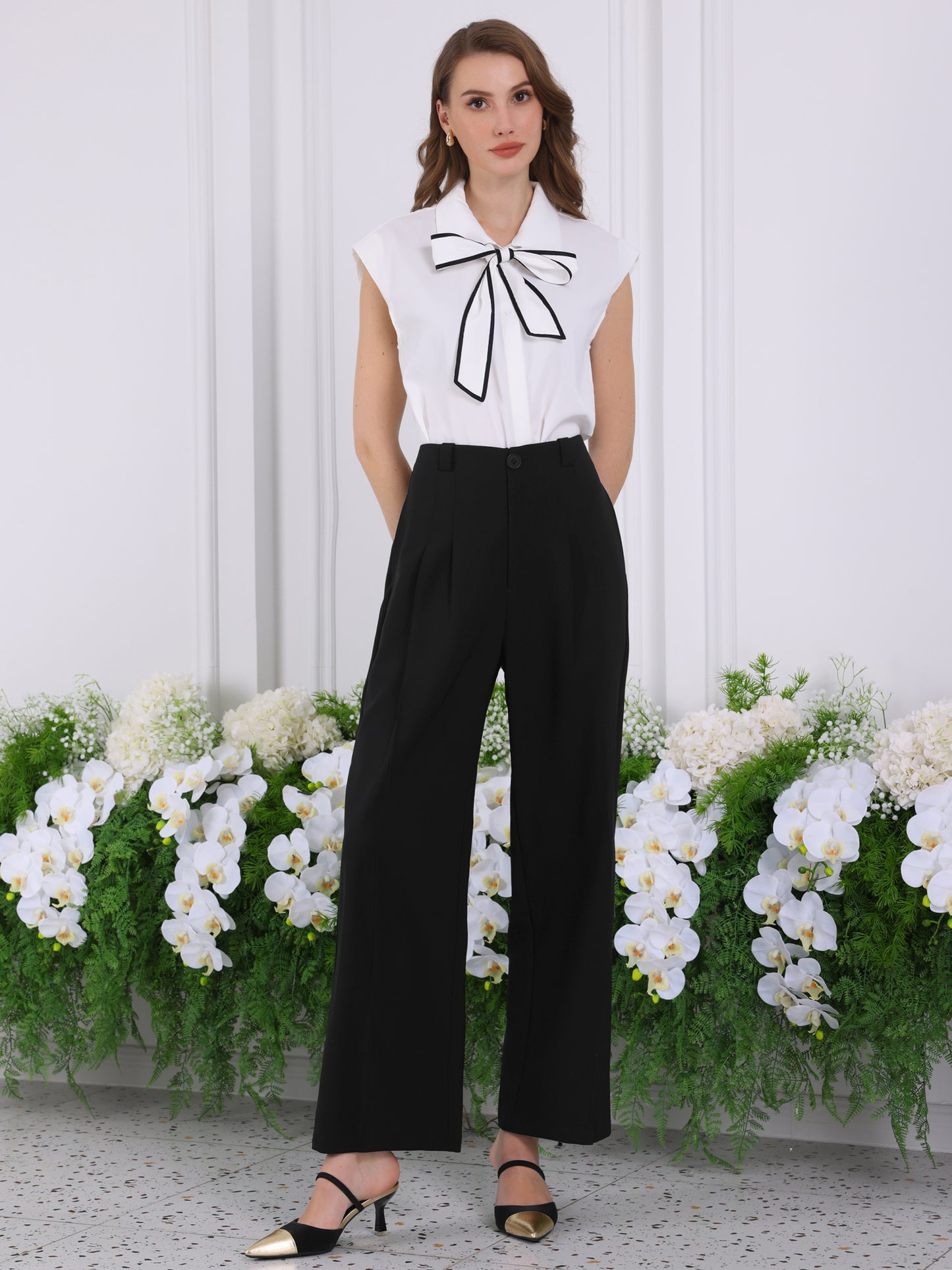 Pantalón de trabajo de pierna recta para mujer, cintura alta, formal, de oficina, con bolsillos