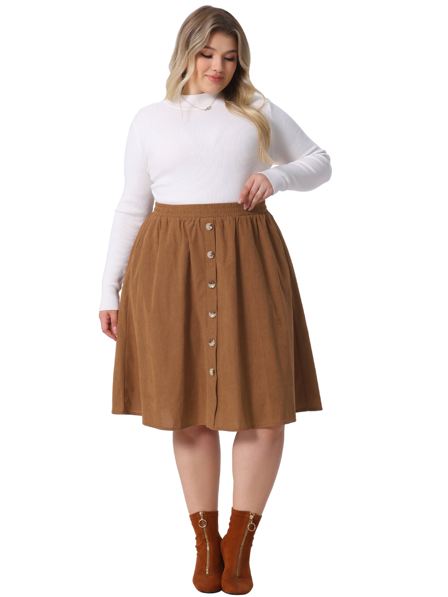 Women Plus Size Corduroy Midi Skirts Elastic High Waist Button Front A-Line Skirt with Pockets