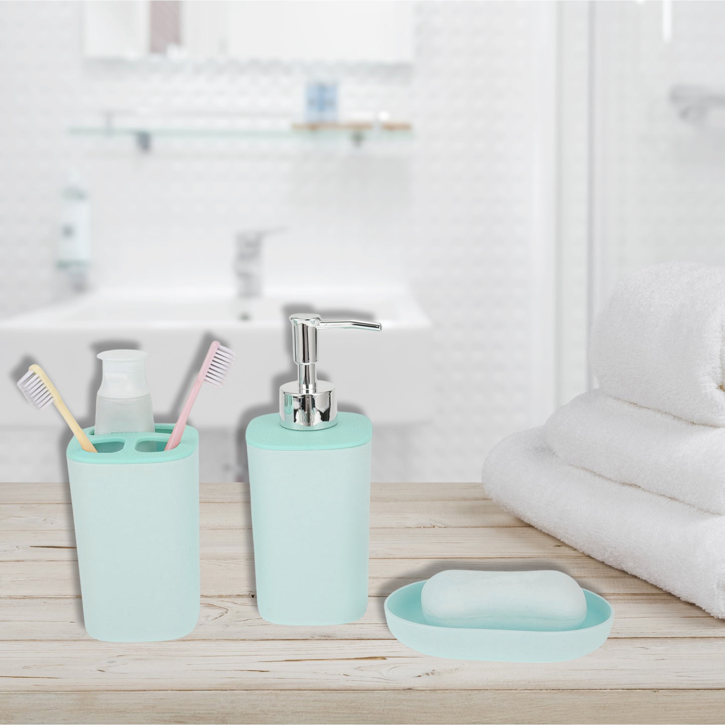 Durable Plastic Square Bathroom Accessories Kit 1 Set Blue
