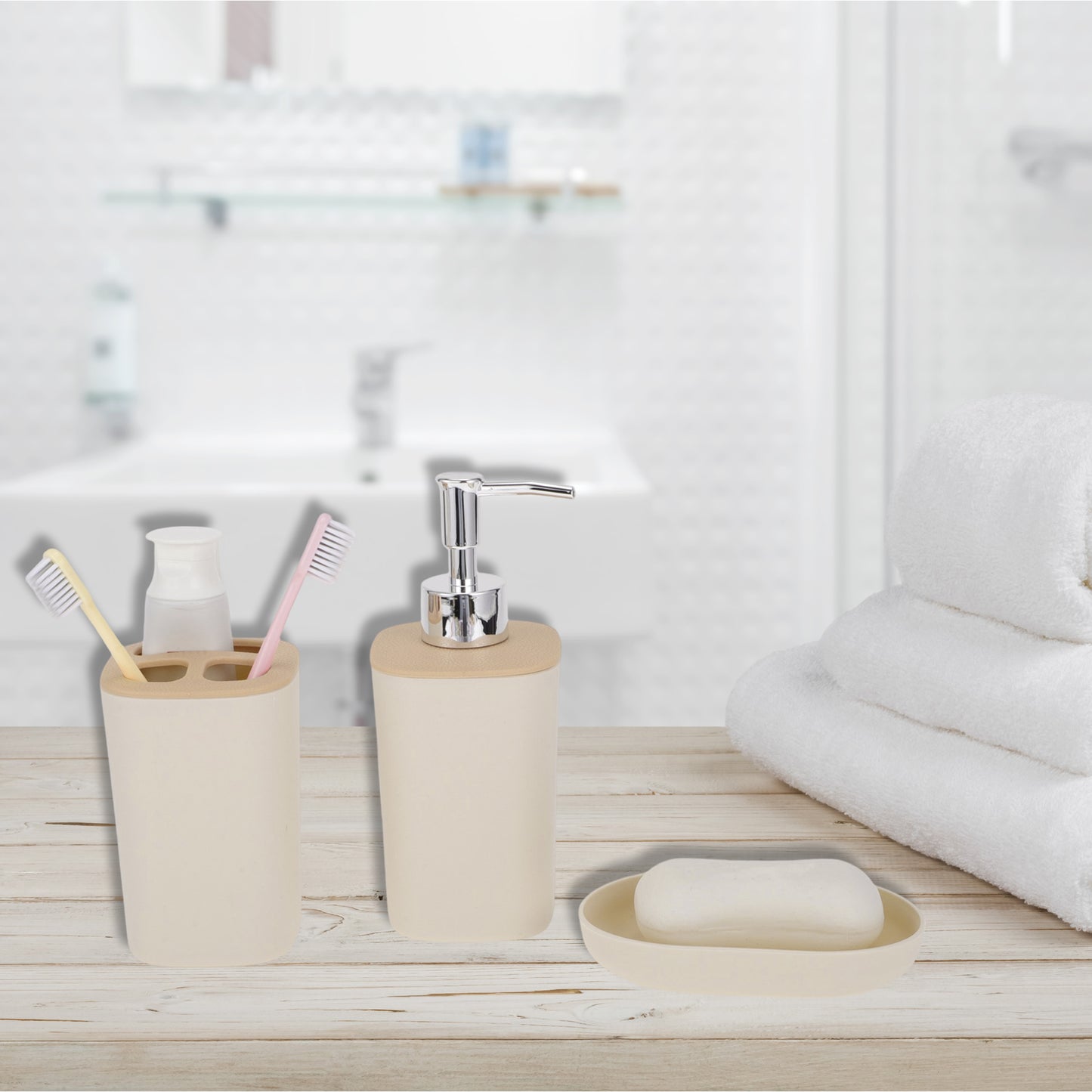 Durable Plastic Square Bathroom Accessories Kit 1 Set Light Brown