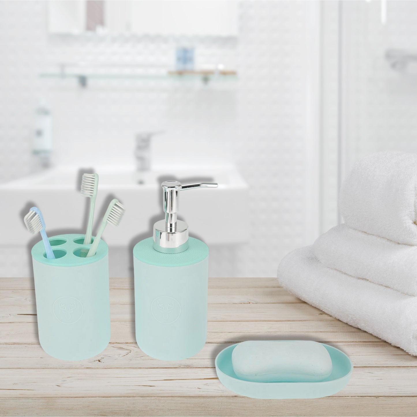 Plastic Durable Round Bathroom Accessories Kit 1 Set Blue