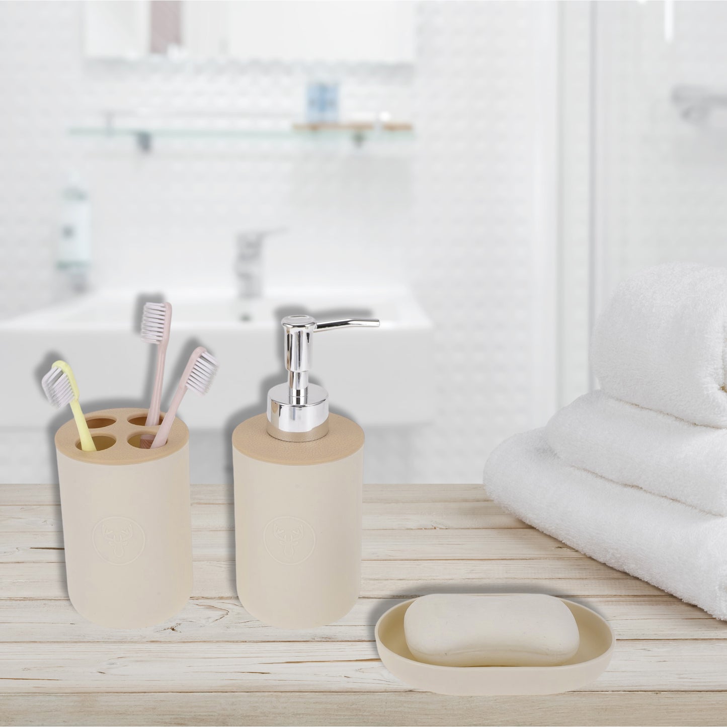 Plastic Durable Round Bathroom Accessories Kit 1 Set Light Brown