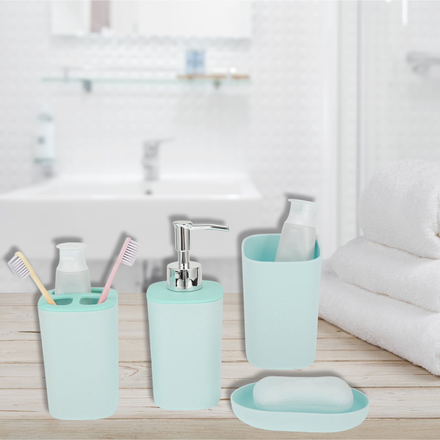 4 Pcs Set Durable Square Bathroom Accessories Kit Blue