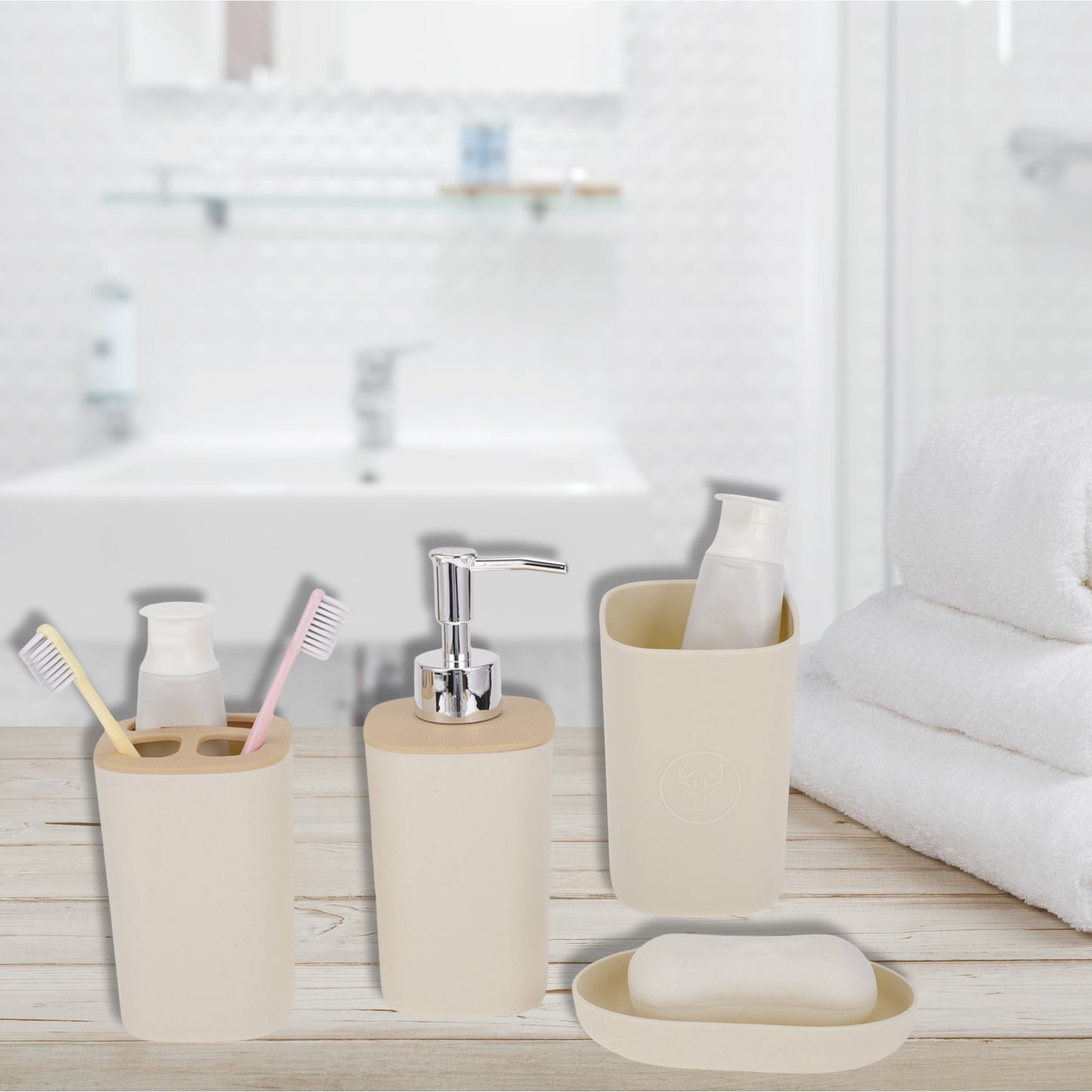 4 Pcs Set Durable Square Bathroom Accessories Kit Light Brown