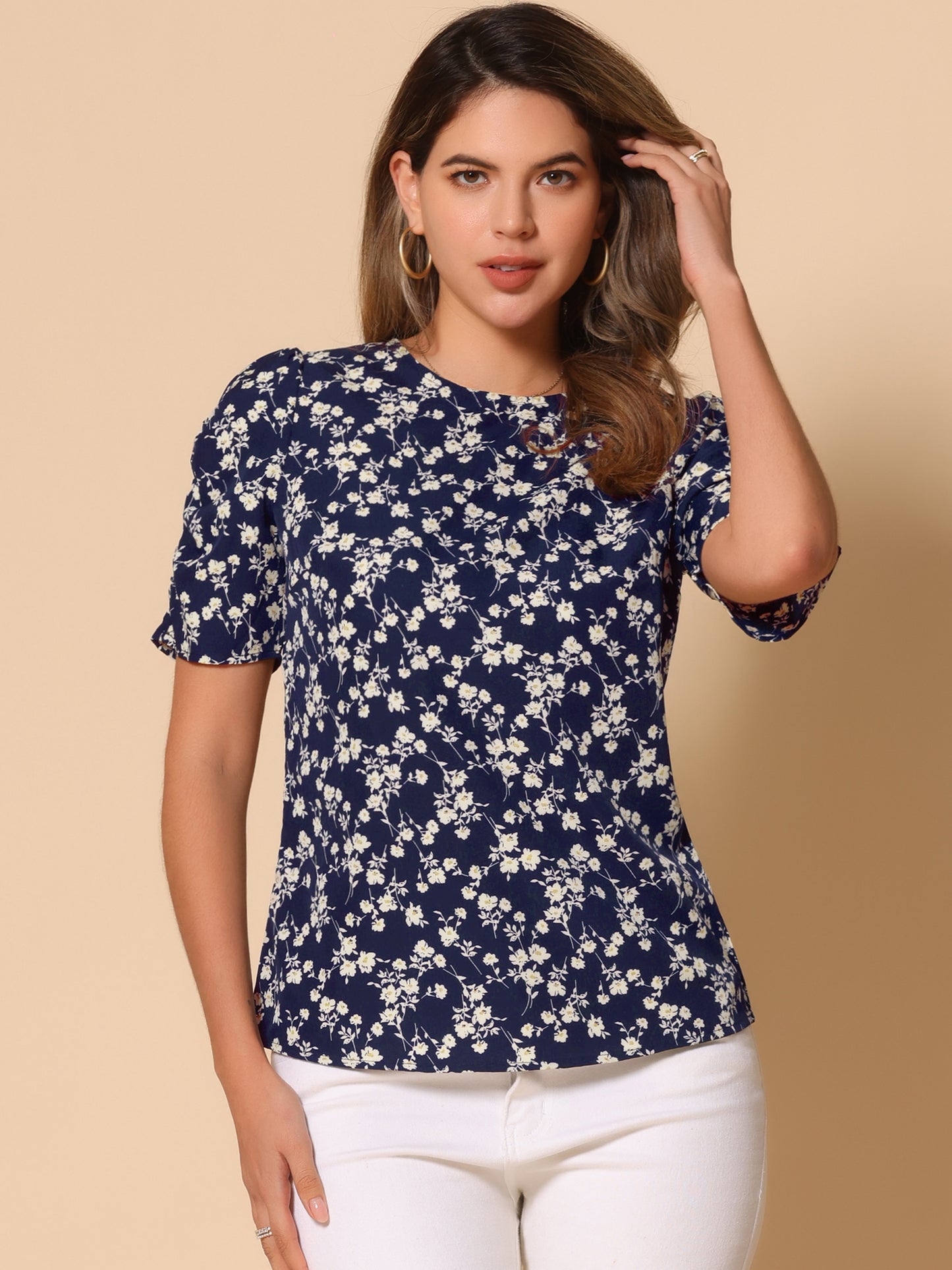 Women's Floral Crew Neck Summer Shirred Short Sleeve Blouse