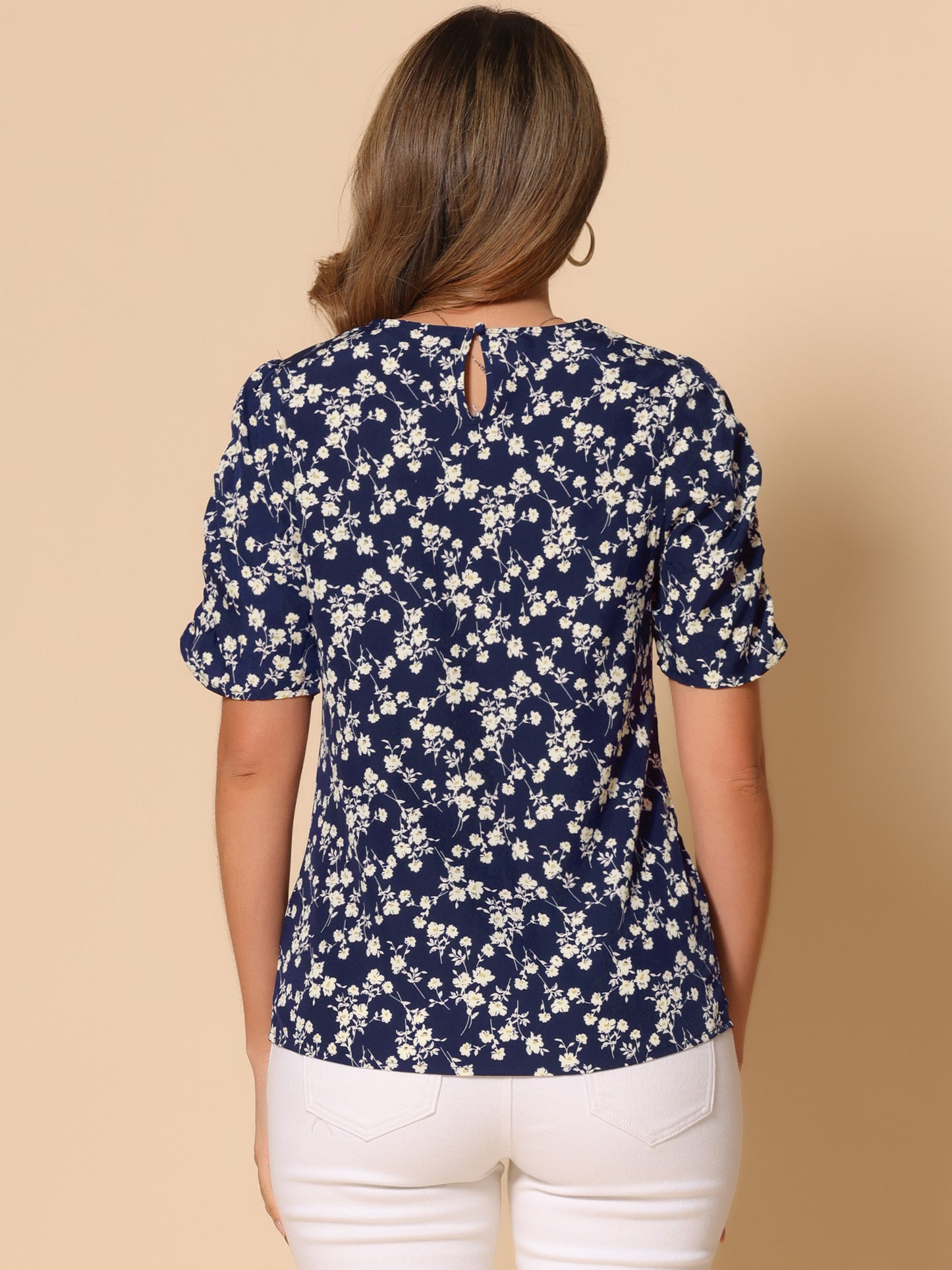 Women's Floral Crew Neck Summer Shirred Short Sleeve Blouse
