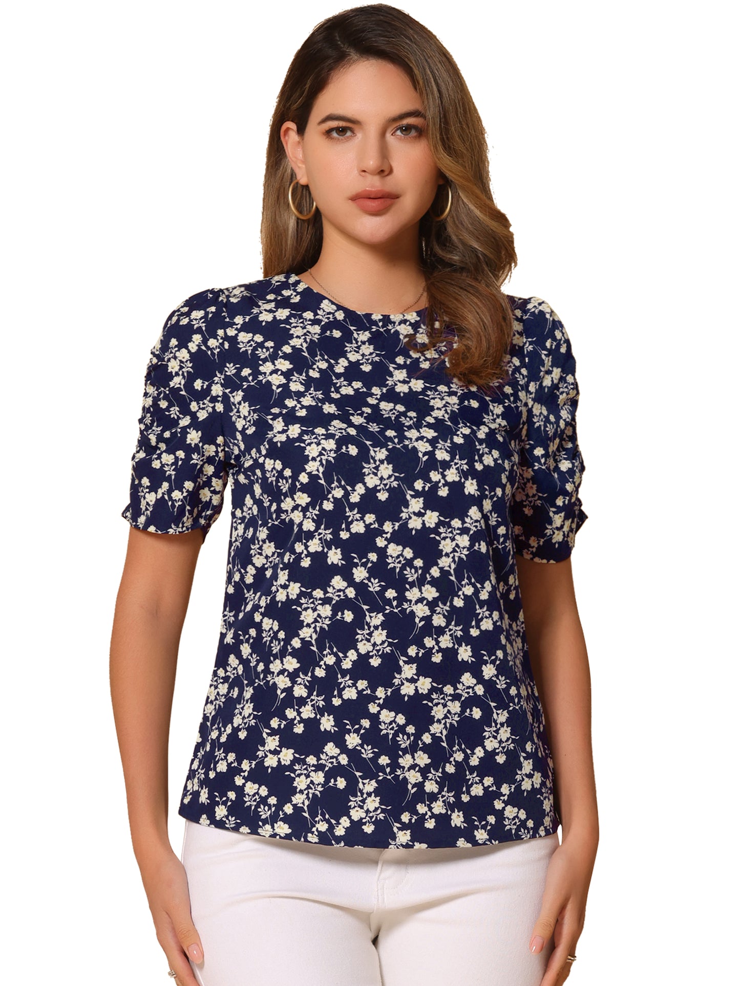 Women's Floral Crew Neck Summer Shirred Short Sleeve Blouse
