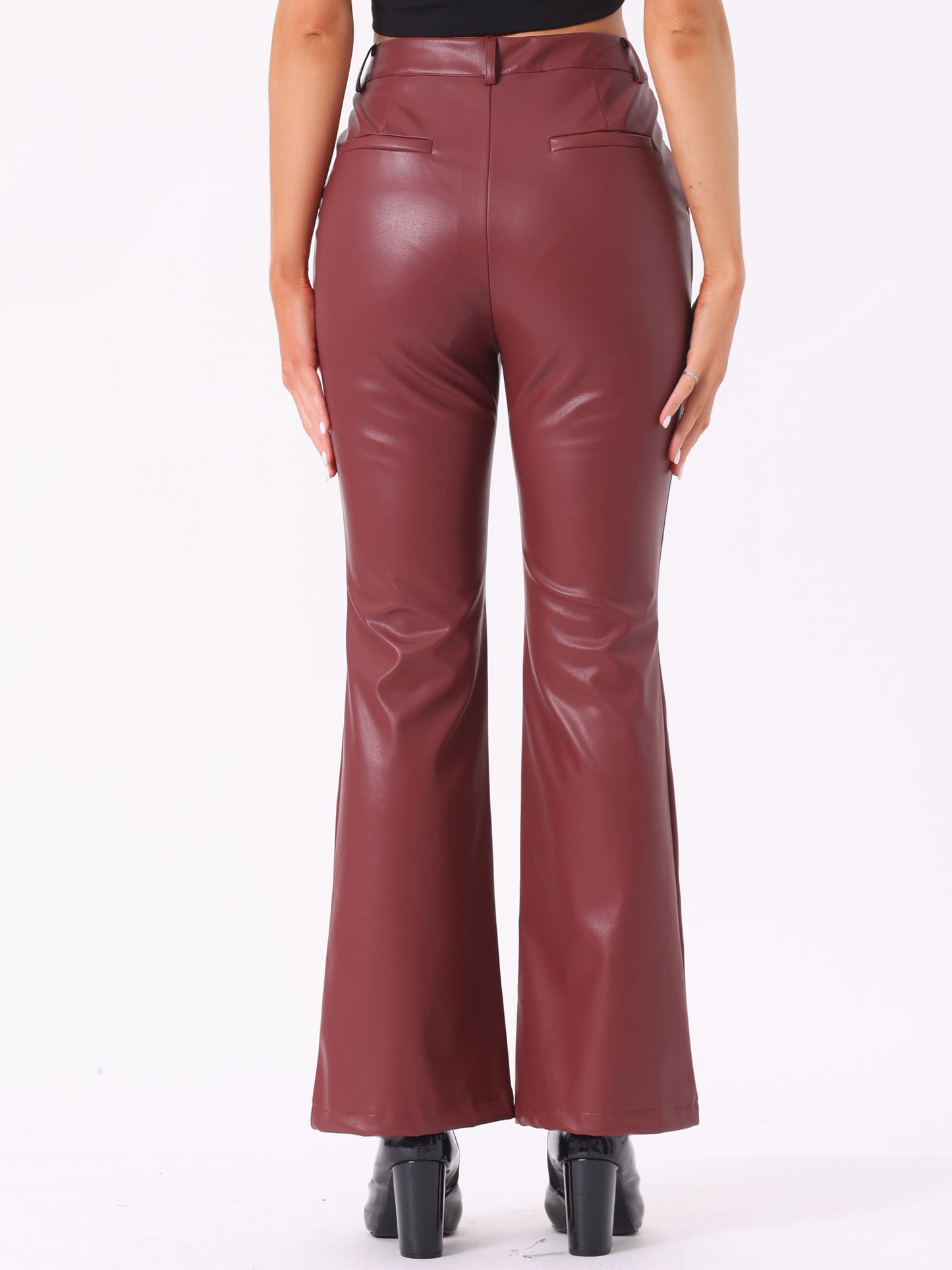 Women's Faux Leather Casual Pants High Waist Bell Bottom Flared Long PU Trousers