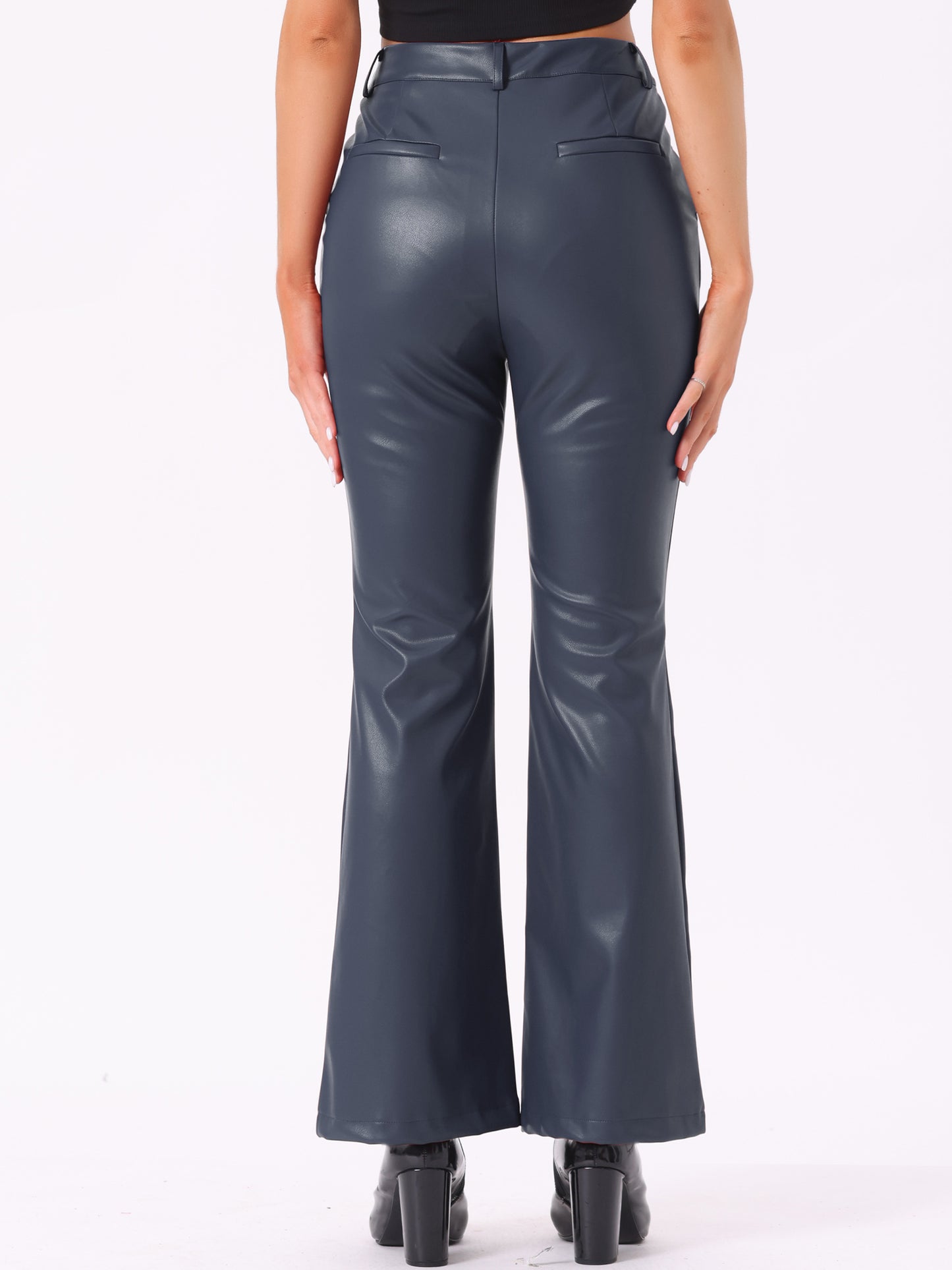 Women's Faux Leather Casual Pants High Waist Bell Bottom Flared Long PU Trousers