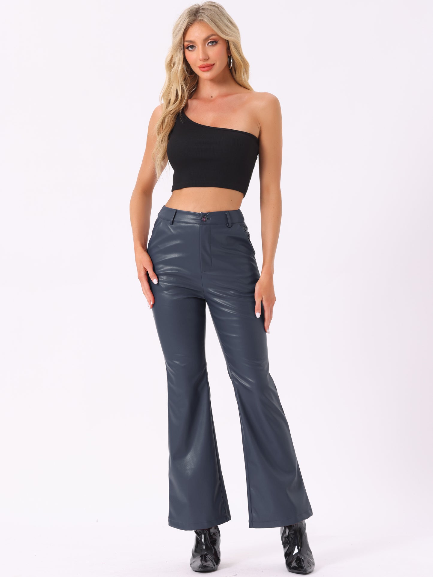 Women's Faux Leather Casual Pants High Waist Bell Bottom Flared Long PU Trousers