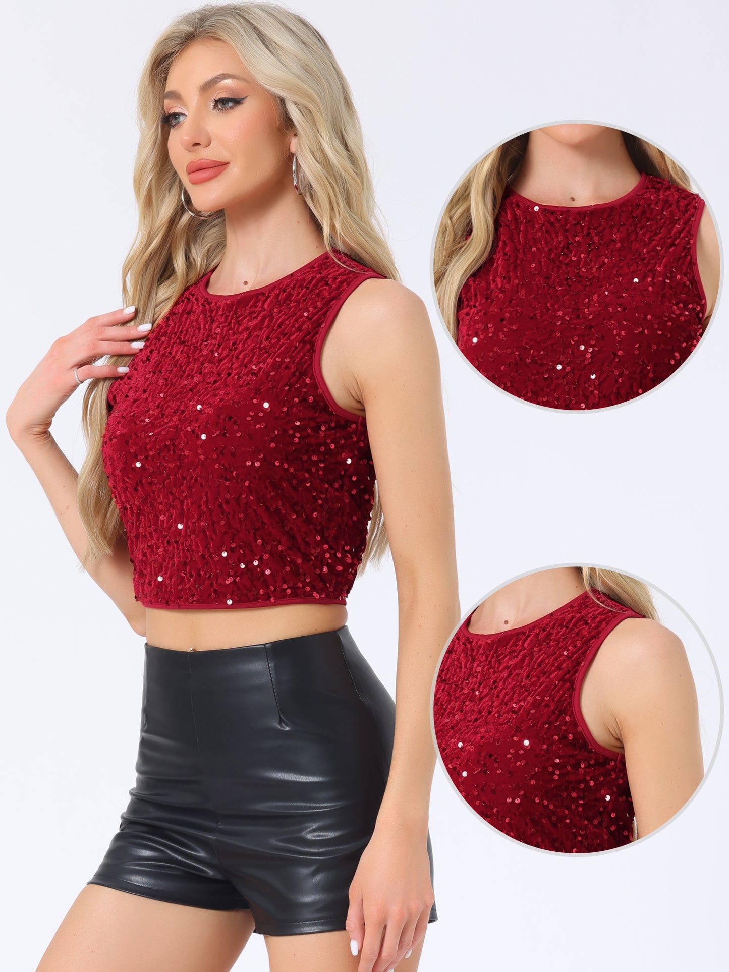 Women's Sparkle Glitter Sequin Top Crew Neck Sleeveless Club Party Nightout Crop Tank Top