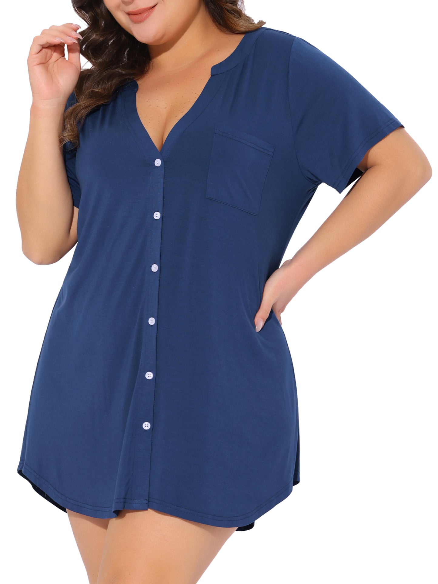 Women's Plus Size Short Sleeve Sleepshirt Pajamas Dress V Neck Button Down Nightgown