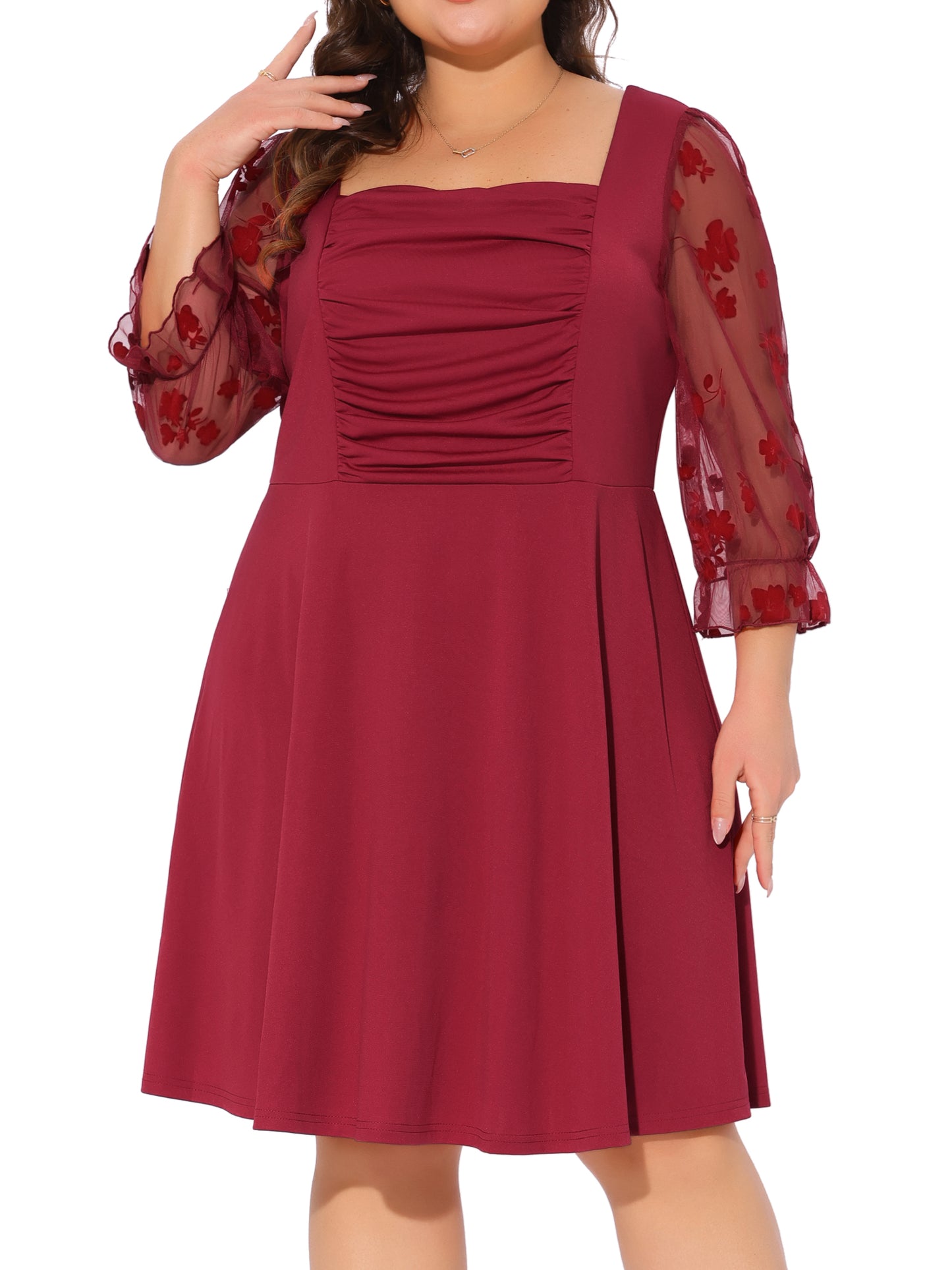 Women Plus Size Dresses Square Neck Floral Mesh Long Sleeves Evening Party Dress